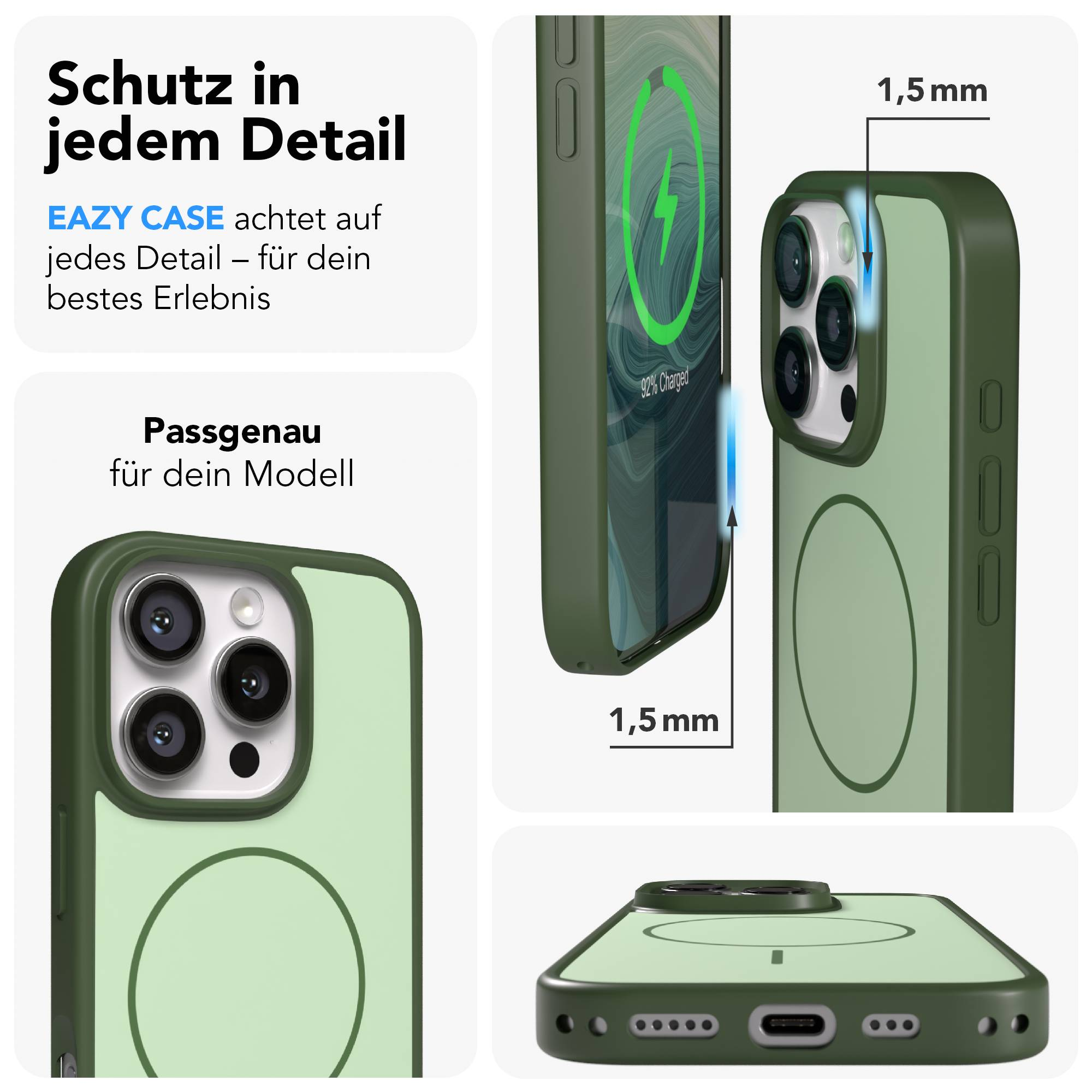 Grüne Handyhülle mit Fokus auf Details, Kamera und Ladefunktion.