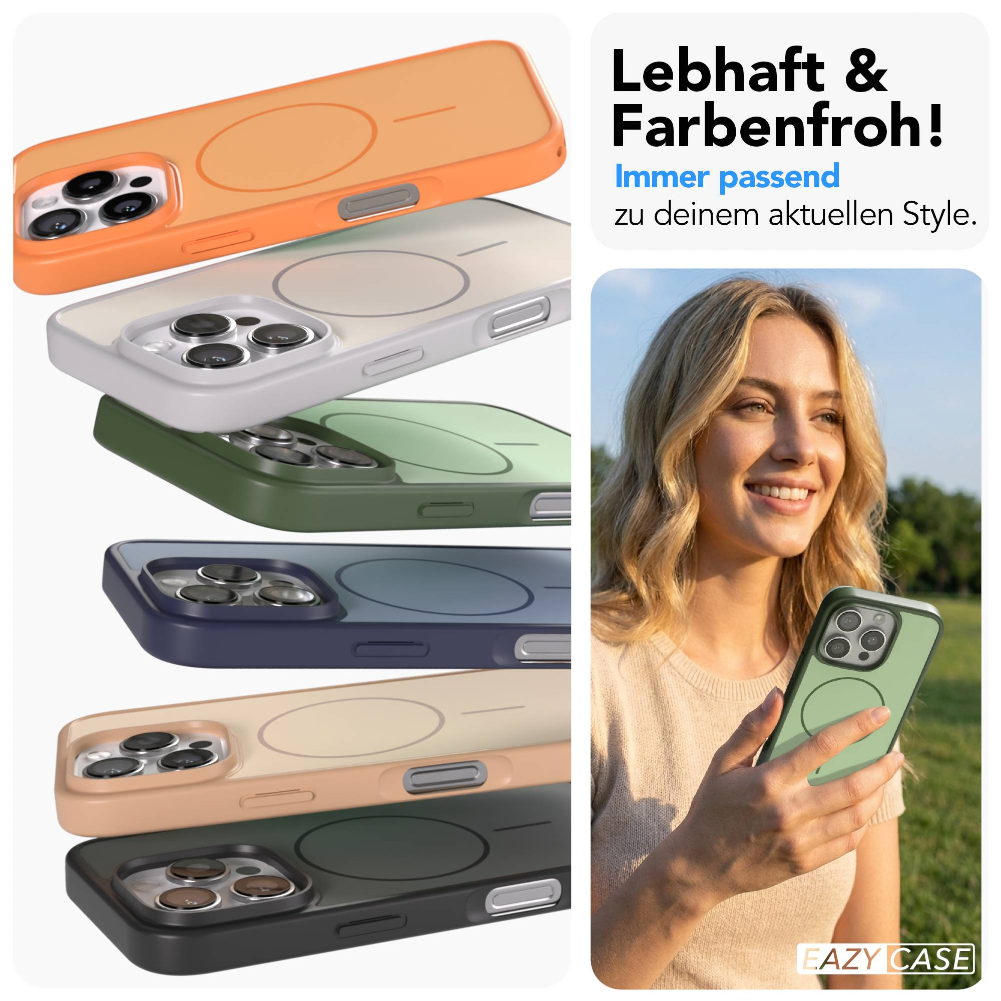 Mehrere bunte Handyhüllen und eine Frau mit einer grünen Hülle.