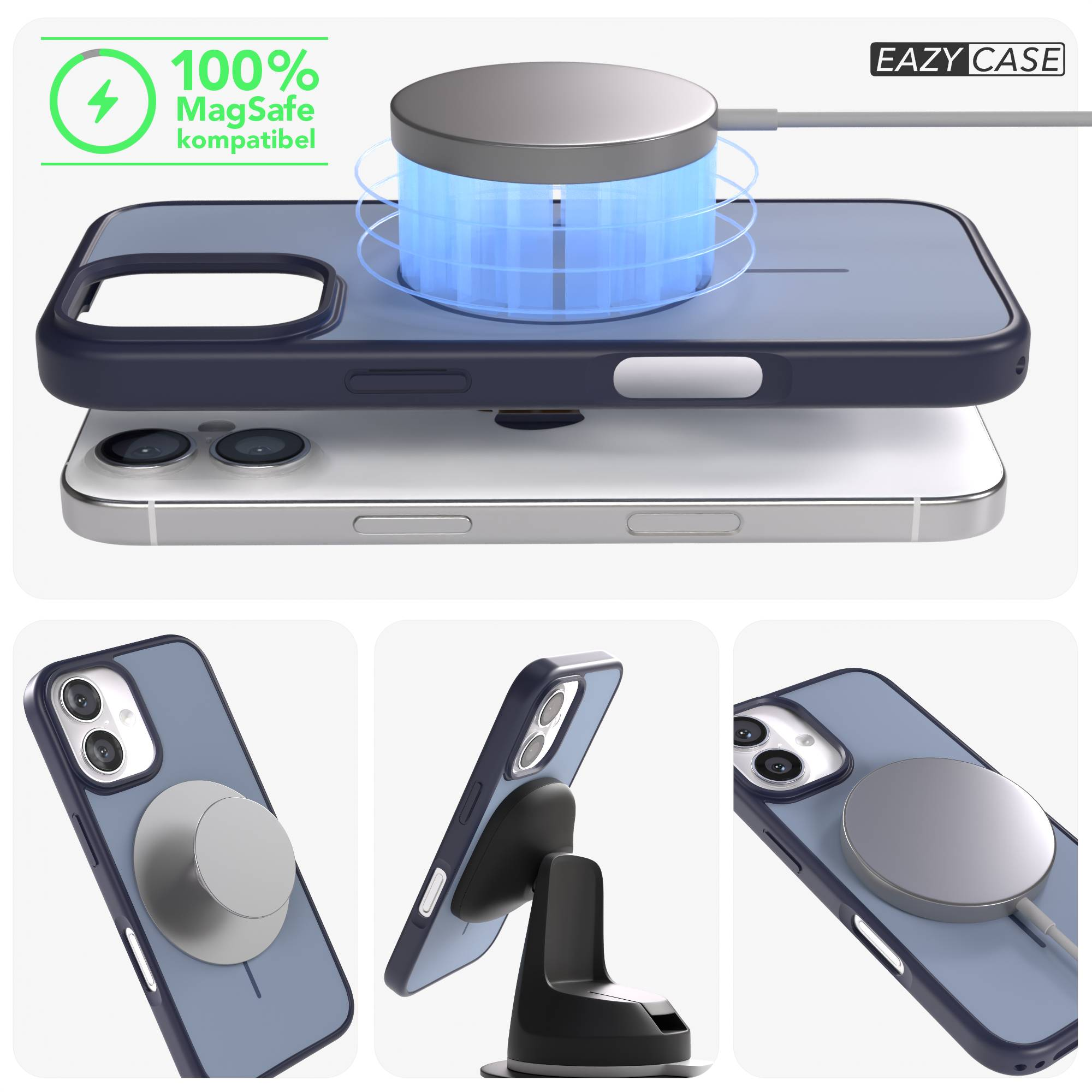 Ein dunkles Handy mit MagSafe-Ladegerät und blauem Gehäuse.