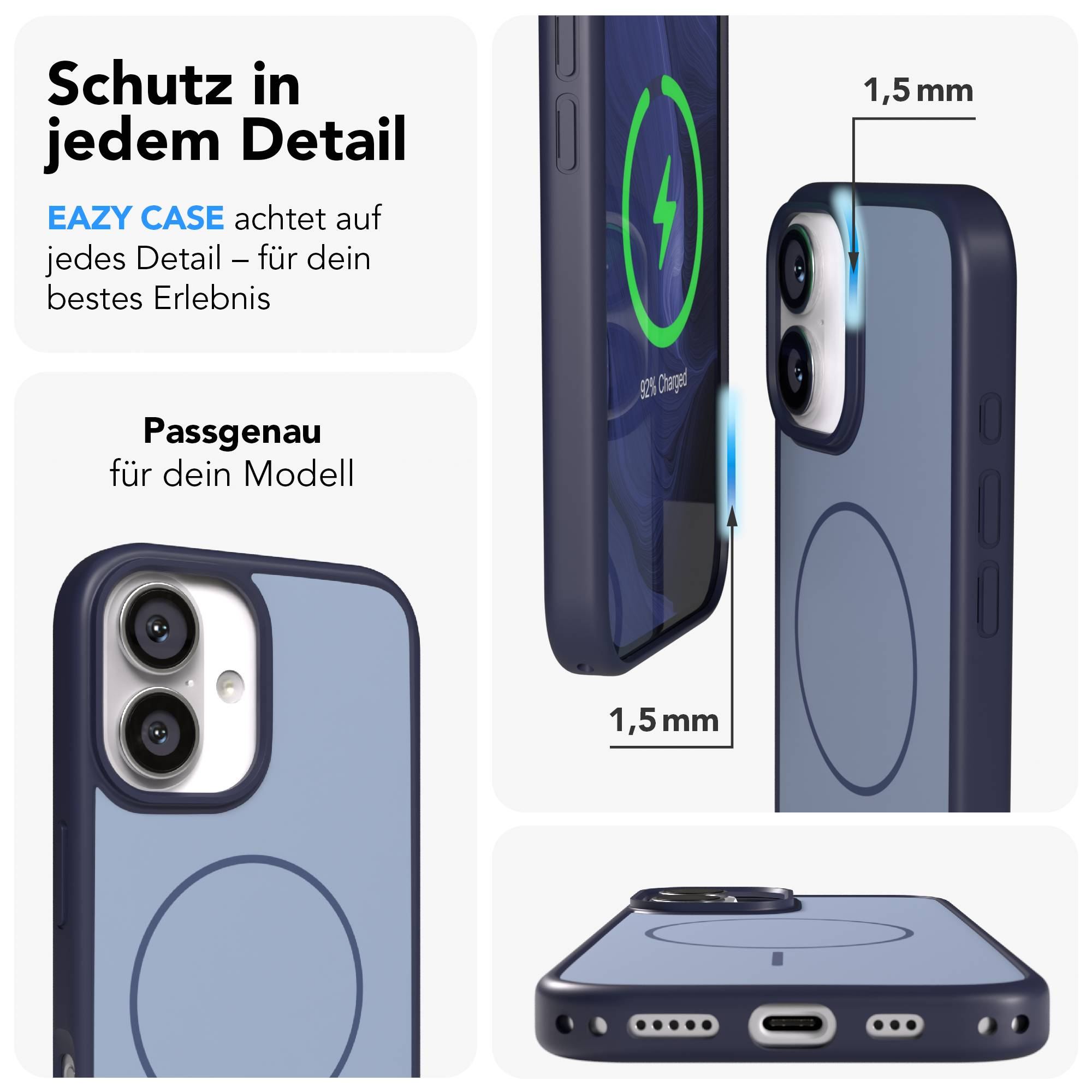 Ein dunkles Handy-Case mit Kamera-Ausschnitt und Ladeanzeige.