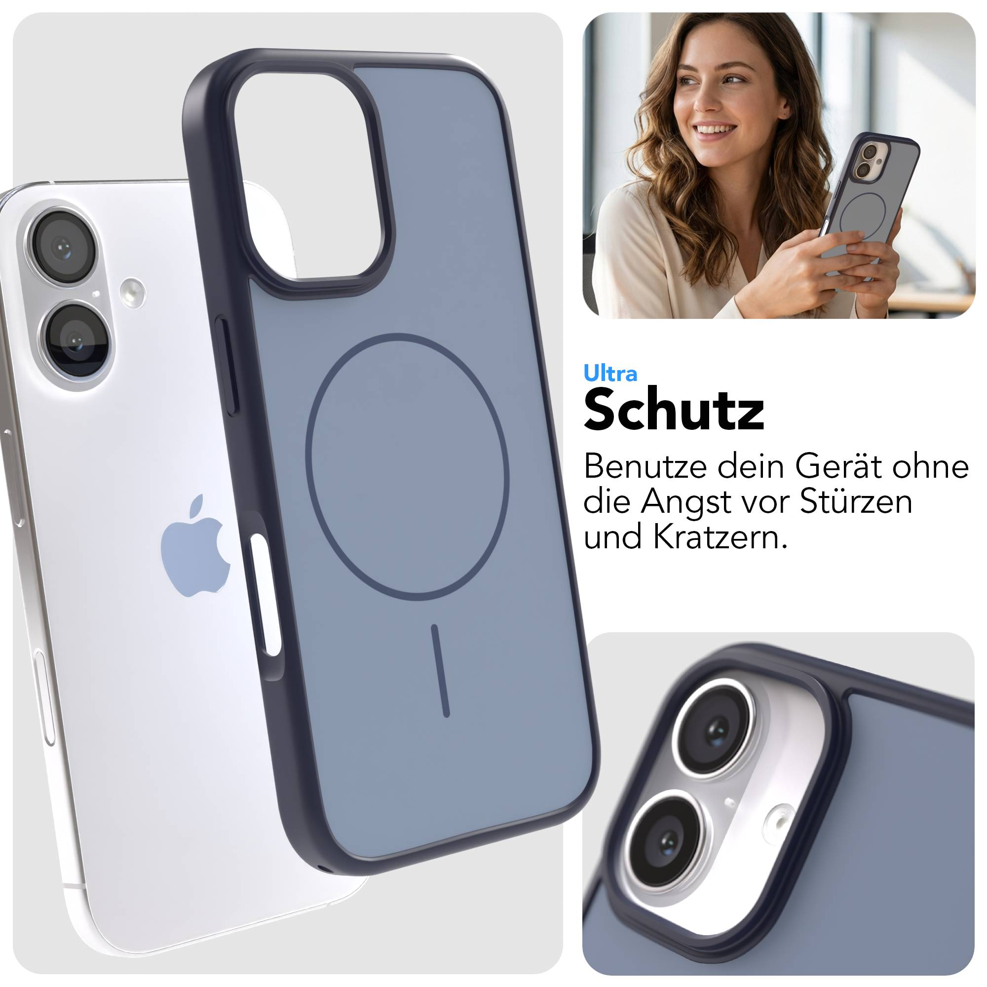 Ein iPhone mit Hülle, eine Frau hält ein Handy, Nahaufnahme der Kamera.