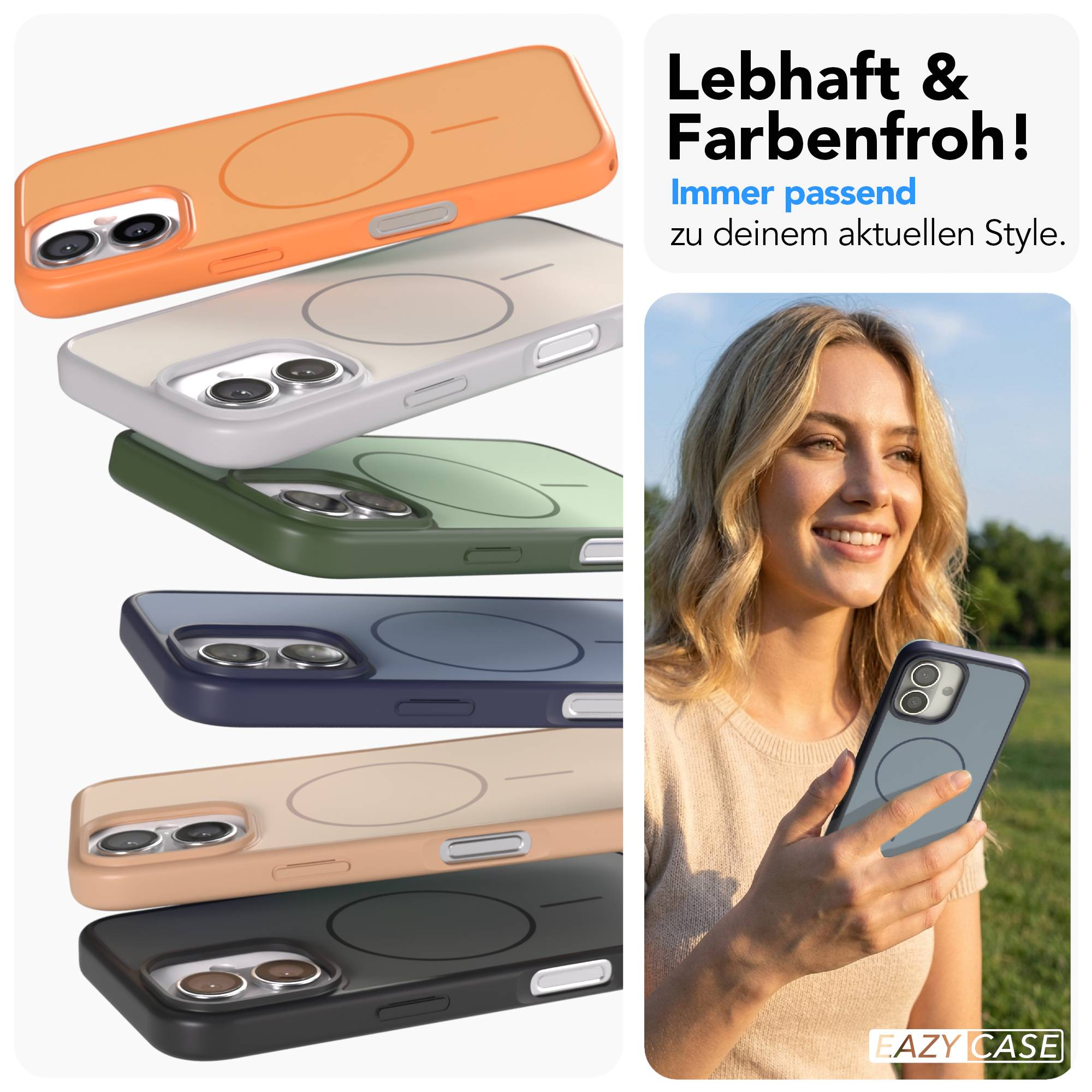 Bunte Handyhüllen und eine Frau mit Hülle im Freien.