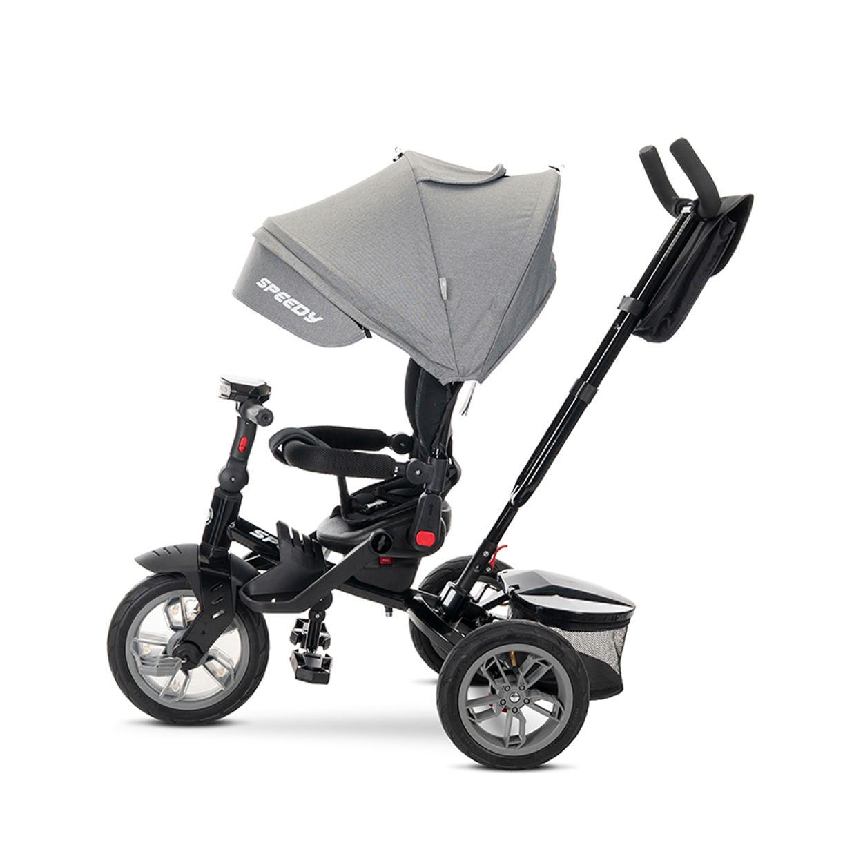 Schwarzer Dreirad-Kinderwagen mit grauem Verdeck und Aufbewahrungskorb.
