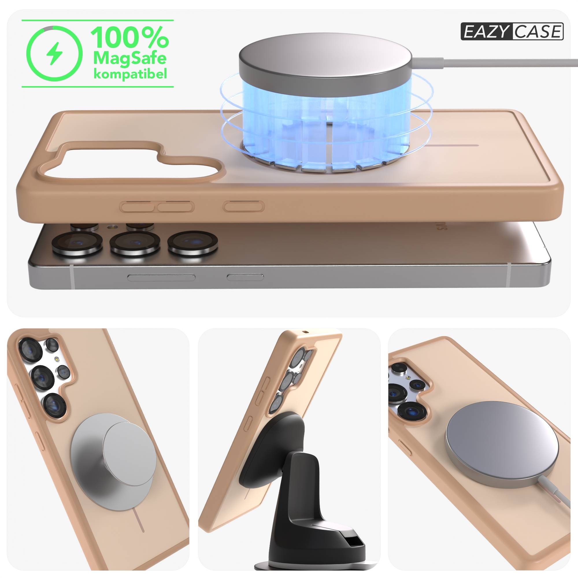 Ein Handy mit MagSafe-kompatibler Hülle und Ladegerät.
