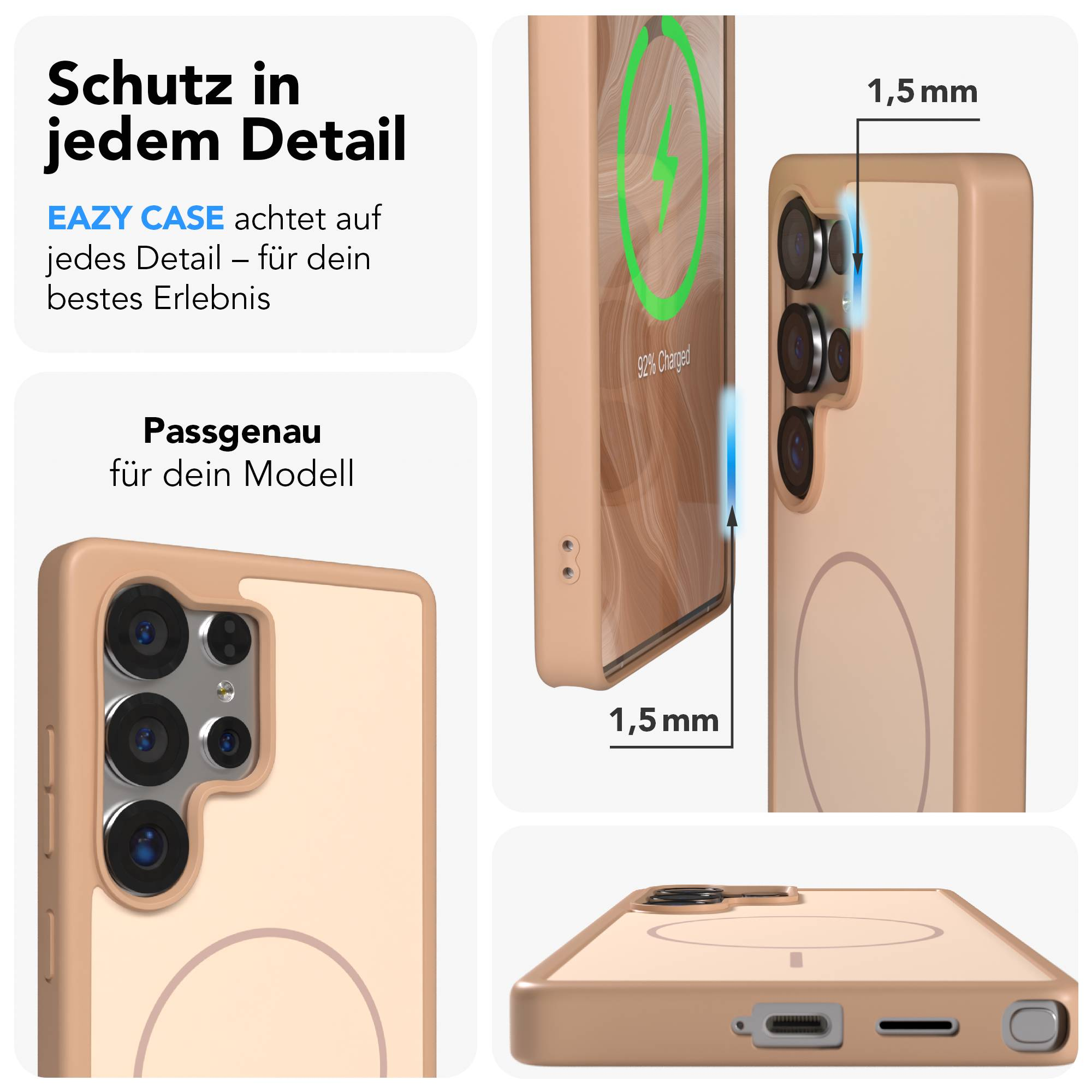 Ein Handy in einer hellbraunen Hülle wird von allen Seiten gezeigt.