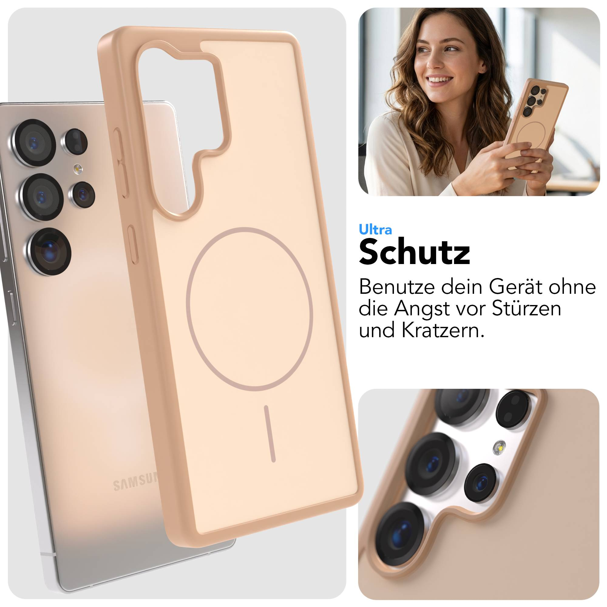 Ein hellbraunes Handy mit Kameras auf der Rückseite, das in einer Hülle steckt.