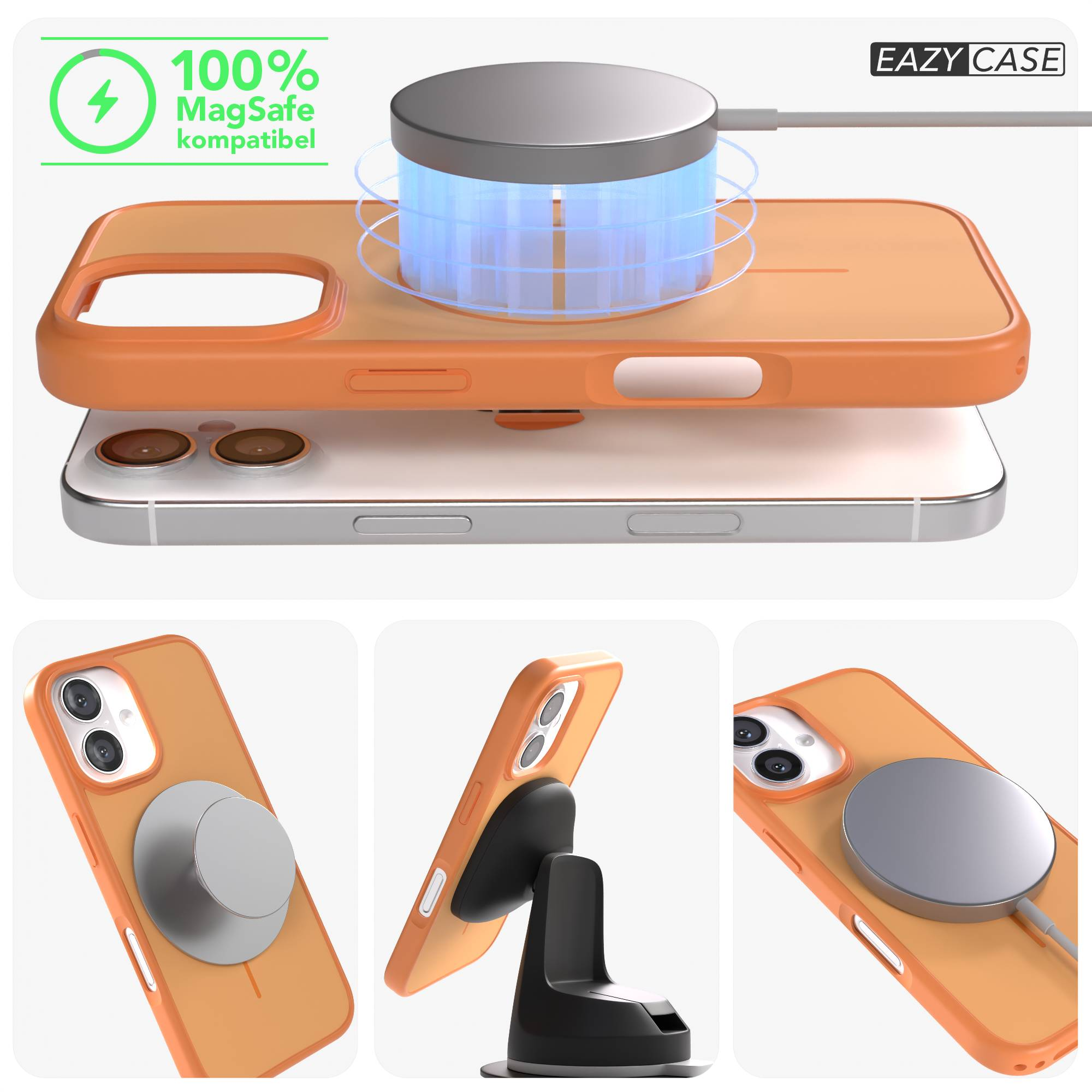 Orangefarbene Handyhülle mit MagSafe-Ladegerät und Ständer. Kompatibel.