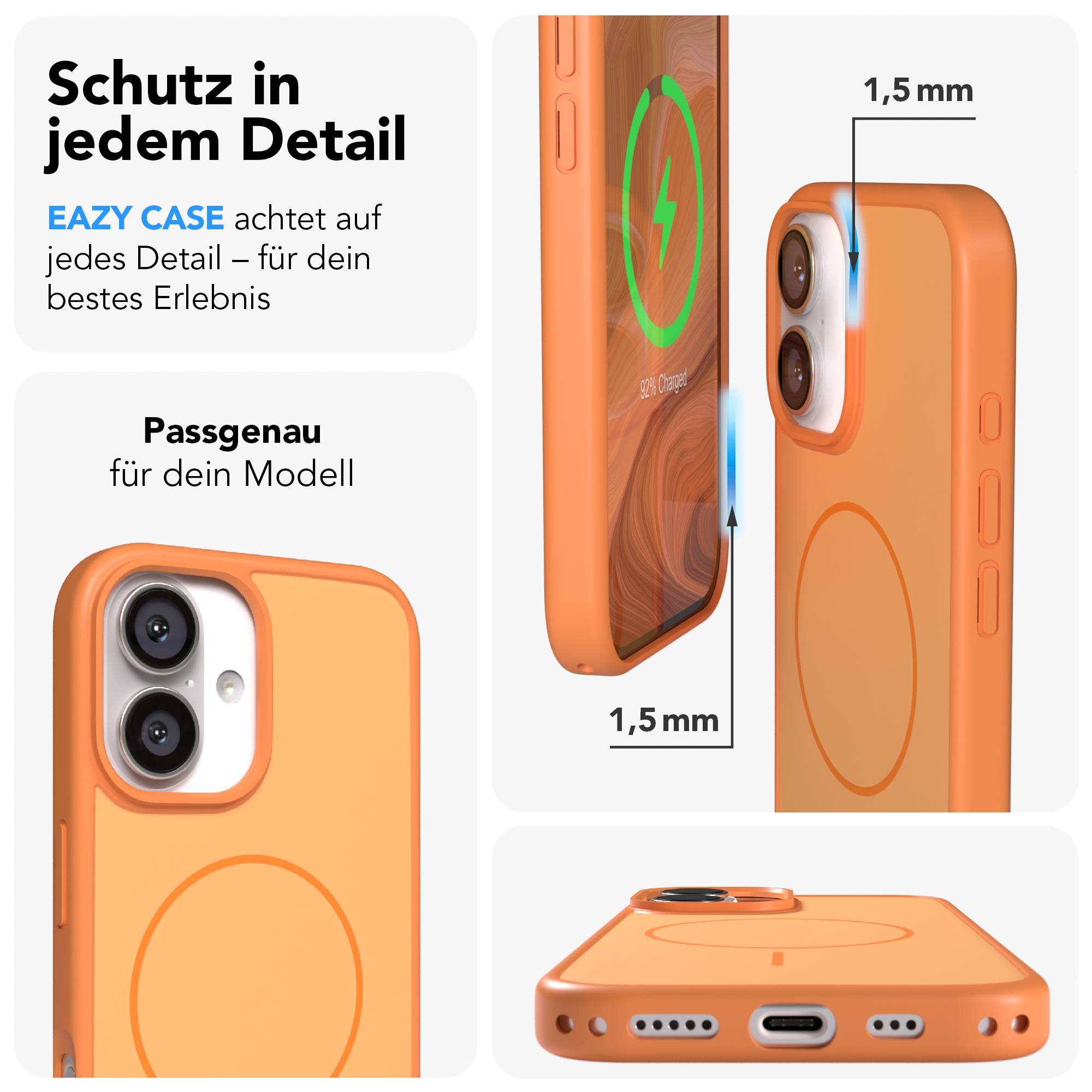 Orange Handyhülle mit Kameraloch und Ladeanzeige. 1,5mm Rand.