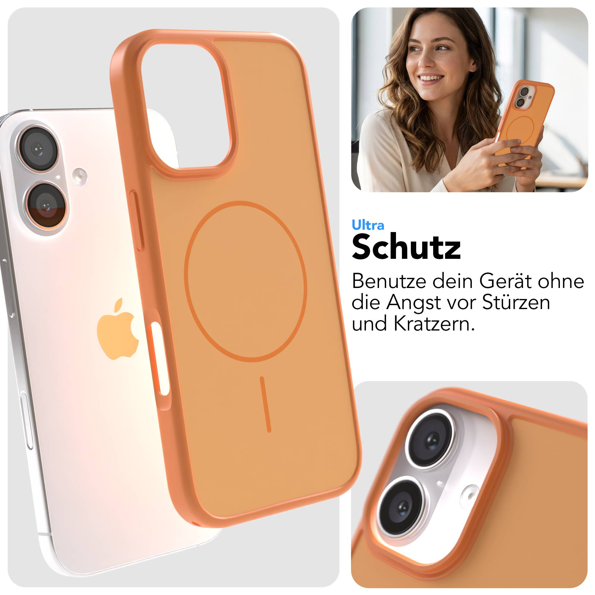 Ein orangefarbenes Handycover mit einem iPhone. Nahaufnahme der Kameras.