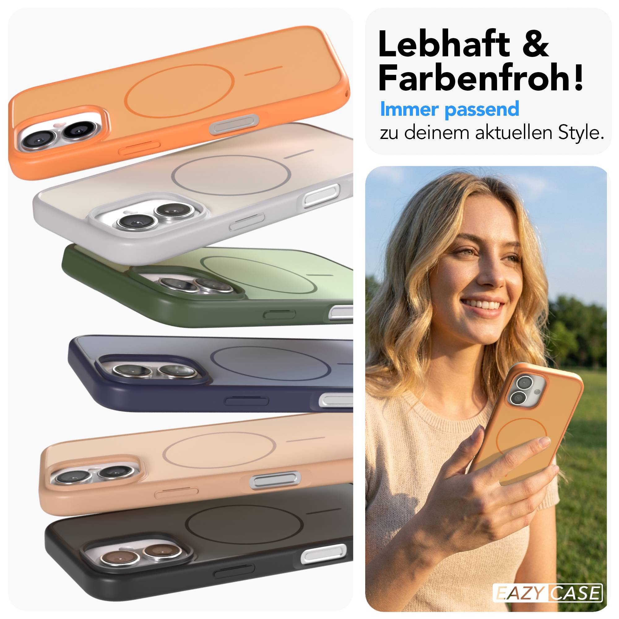 Mehrere iPhone-Hüllen in verschiedenen Farben gestapelt, eine Frau hält eine orangefarbene Hülle.