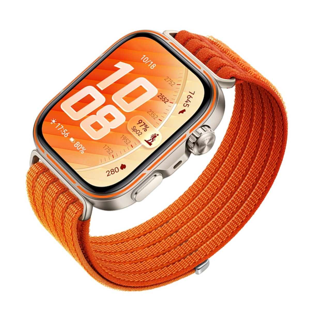Eine orangefarbene Smartwatch mit silbernem Gehäuse und digitaler Anzeige.