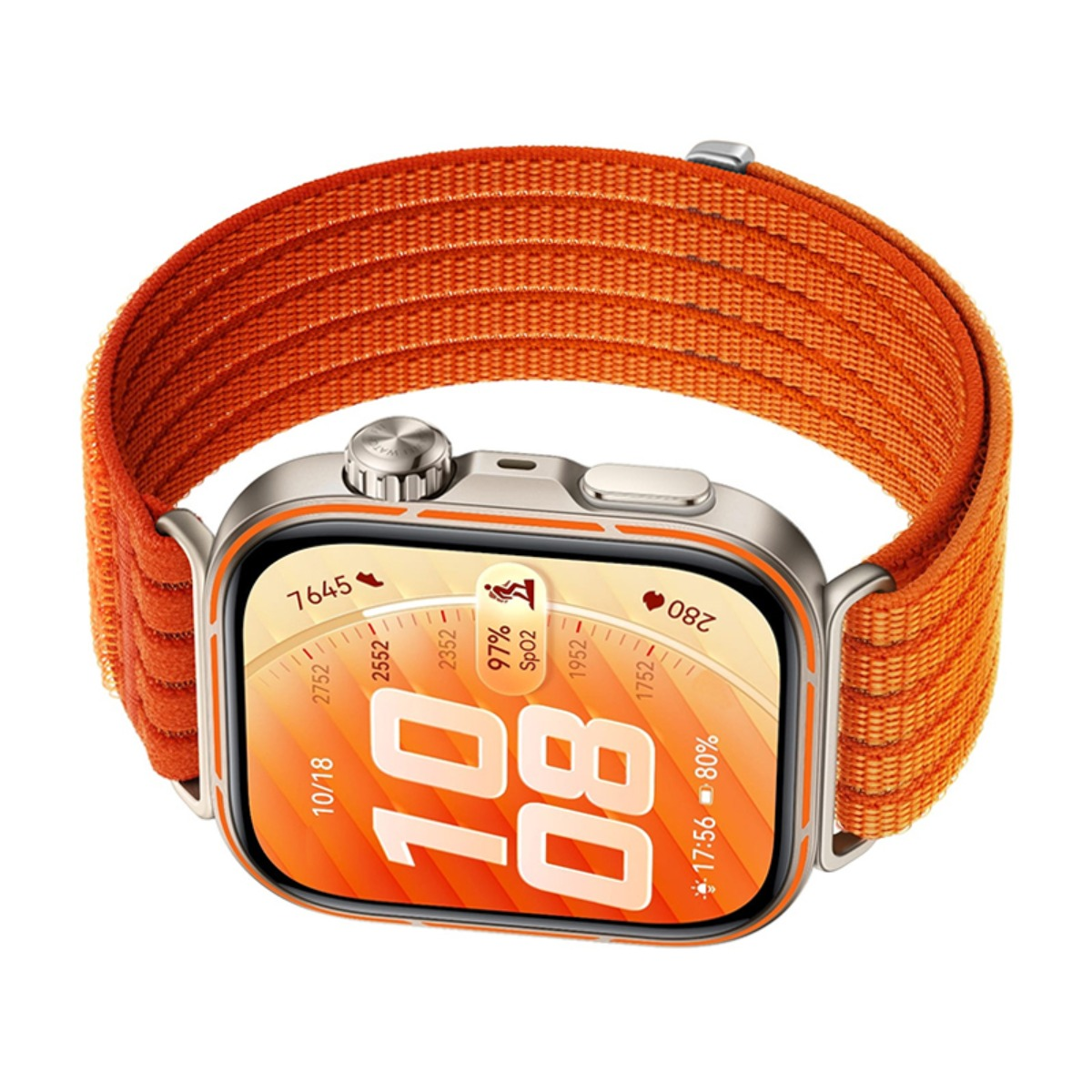 Eine orangefarbene Smartwatch mit silbernem Gehäuse und digitaler Anzeige.