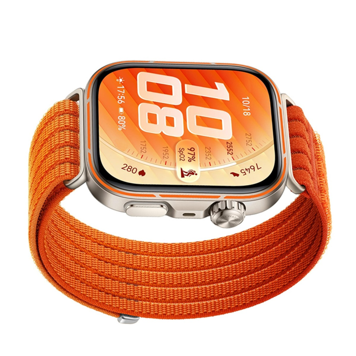Eine orangefarbene Smartwatch mit silbernem Gehäuse und einem digitalen Display.
