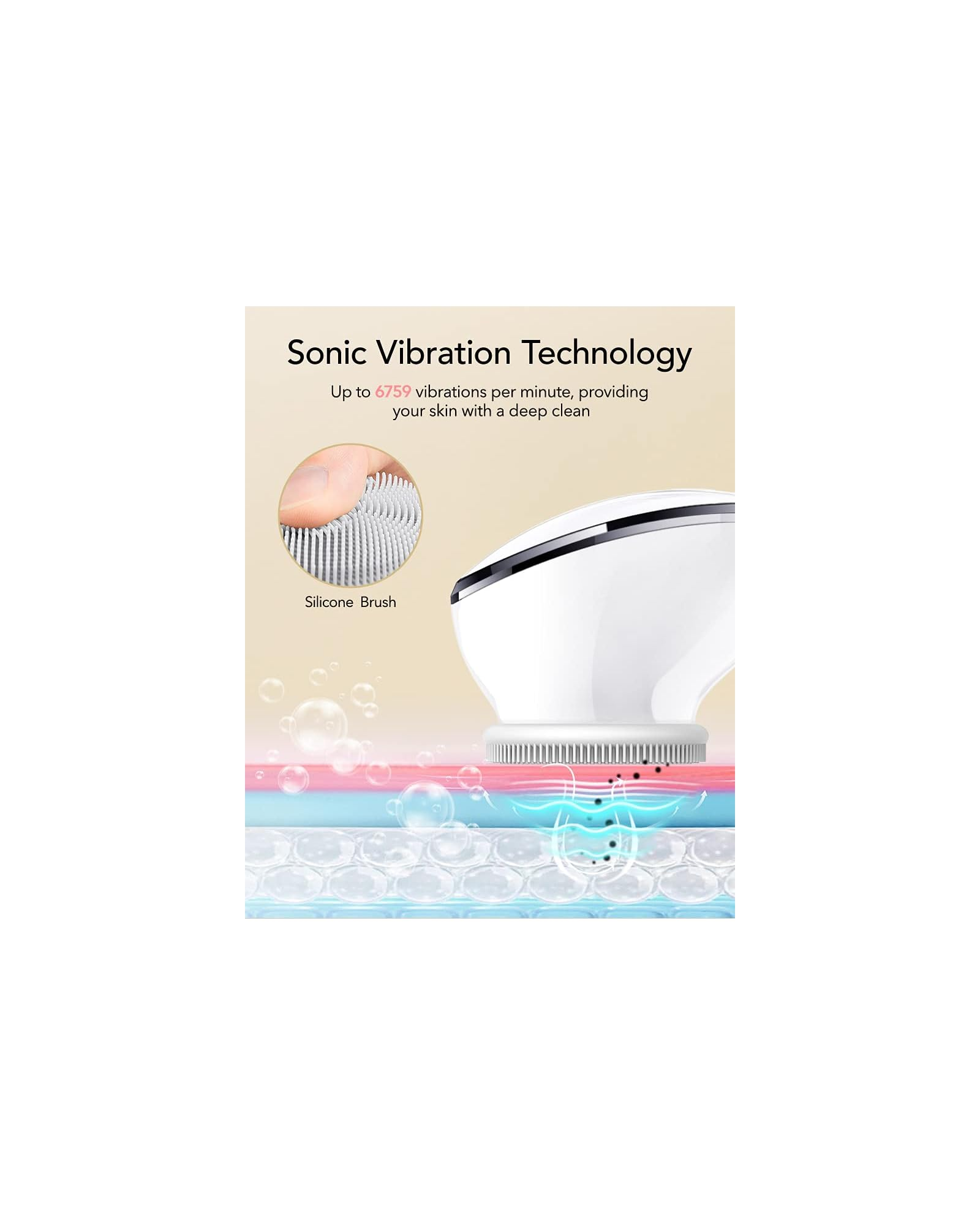 Ein weißes Hautreinigungsgerät mit Silikonbürste und Schallvibrationstechnologie.