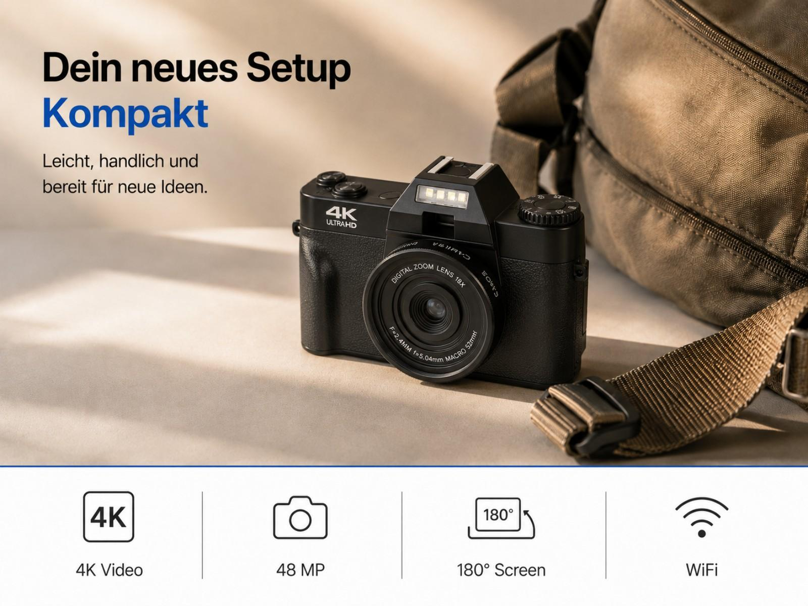 Eine schwarze Digitalkamera mit Objektiv und Blitz neben einer Tasche.