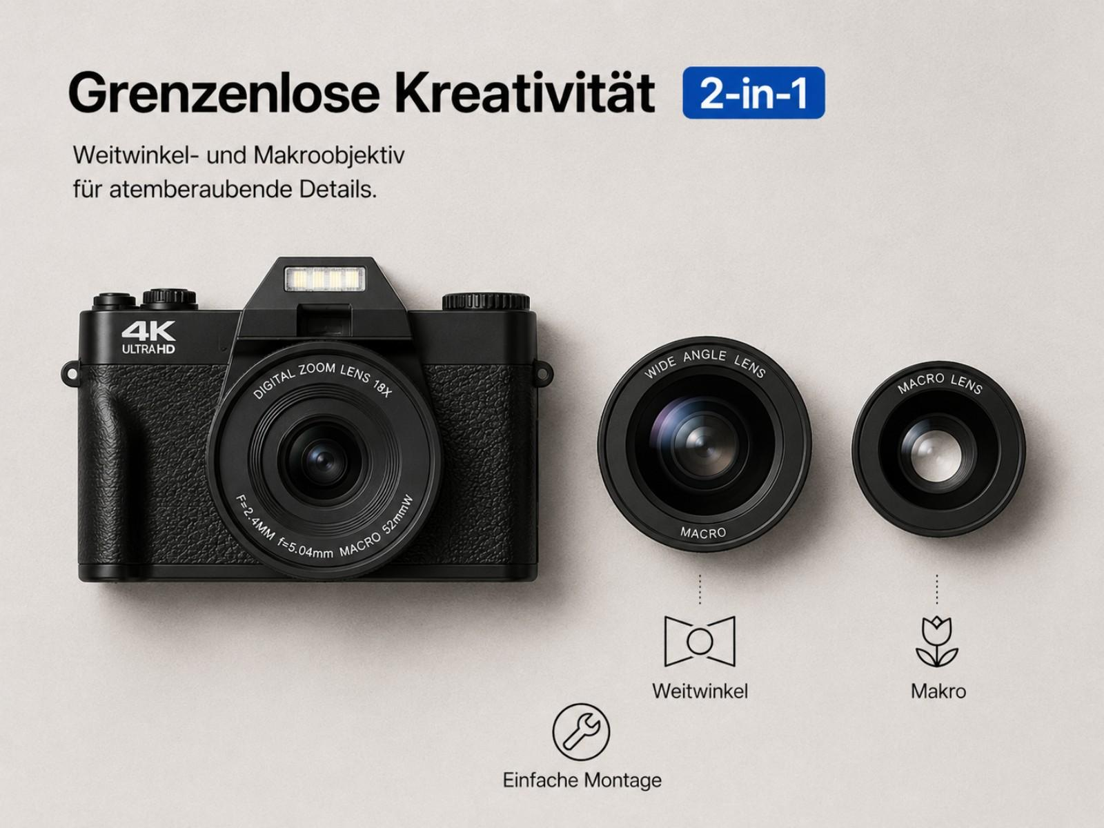Ein schwarzes 4K-Kameragehäuse mit Weitwinkel- und Makroobjektiven.
