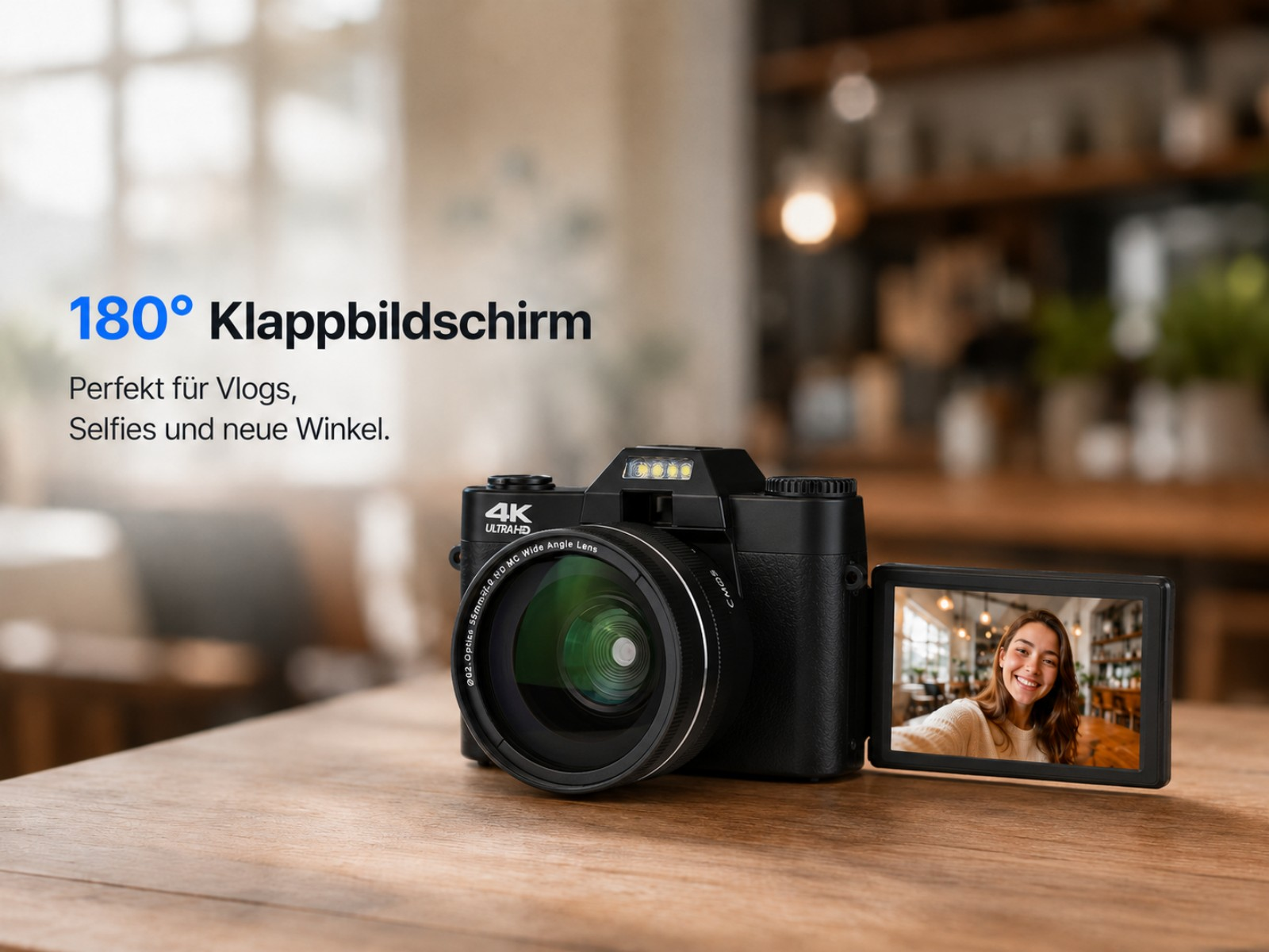 Schwarze Kamera mit 180° Klappbildschirm zeigt lächelnde Frau. Text: 4K Ultra HD.