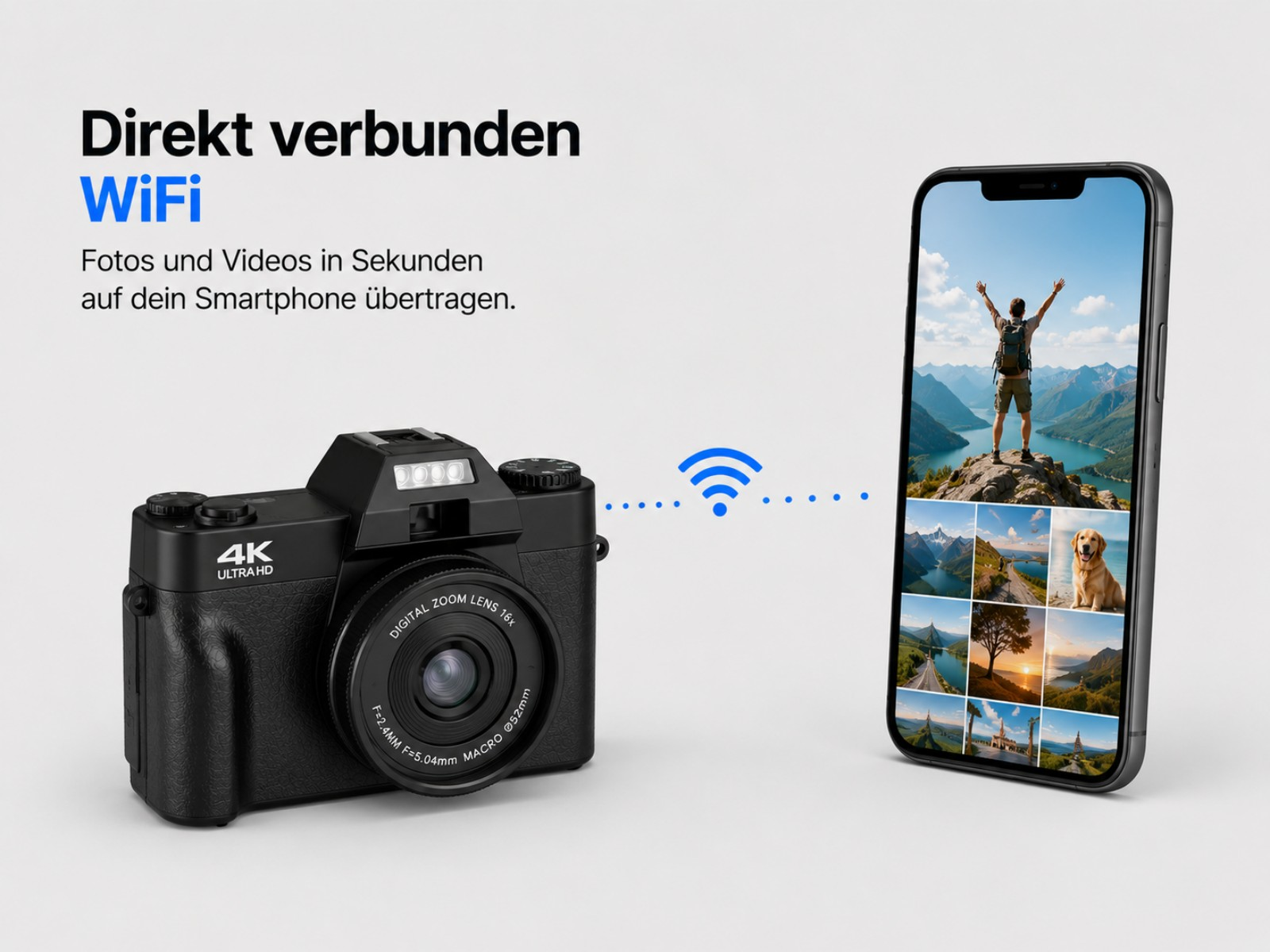 Eine schwarze Kamera verbindet sich per WiFi mit einem Smartphone, das Fotos anzeigt.
