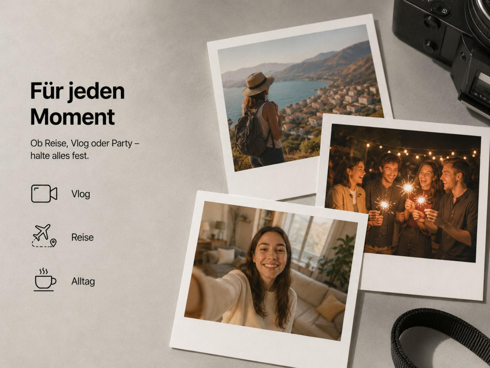 Fotos von Reise, Vlog und Alltag mit Kamera und Lichtern.