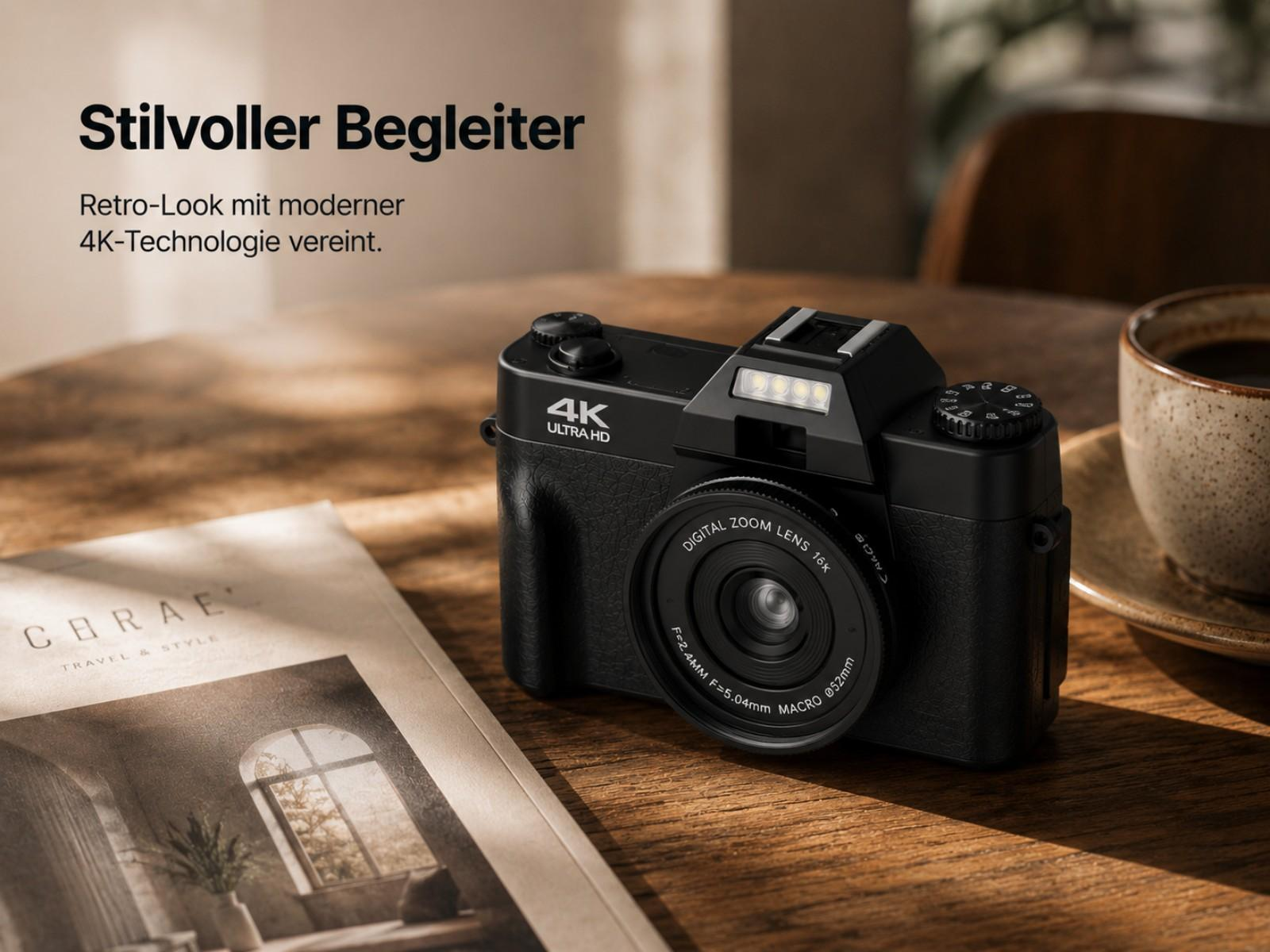 Schwarze Kamera mit 4K Ultra HD auf Holztisch neben Zeitschrift und Kaffee.