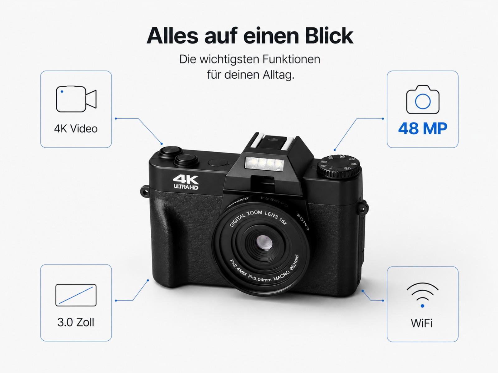 Eine schwarze Kamera mit 4K Video, 48MP, 3.0 Zoll Display und WiFi.