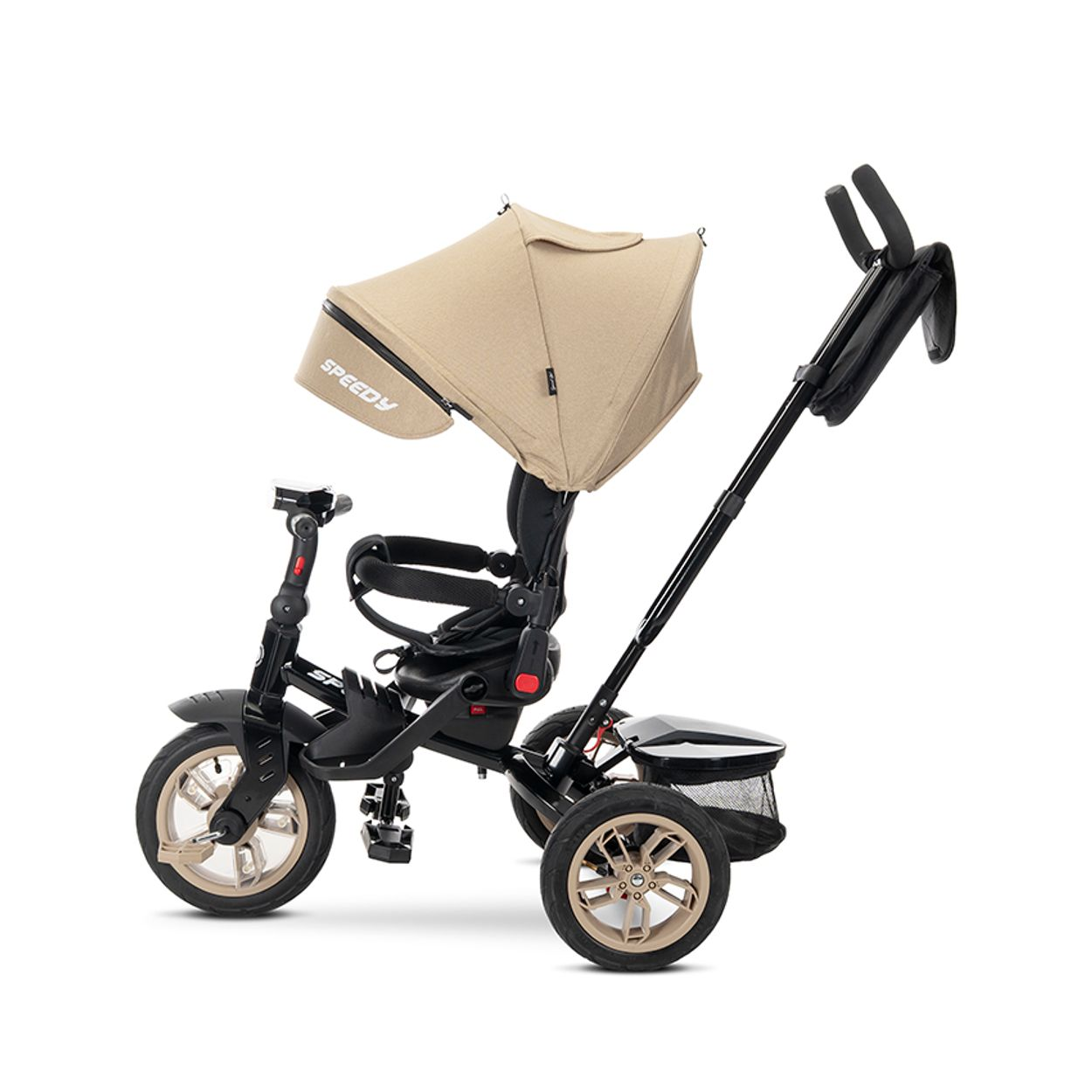 Ein schwarzer Dreirad-Kinderwagen mit beigem Verdeck und beige/goldenen Rädern.
