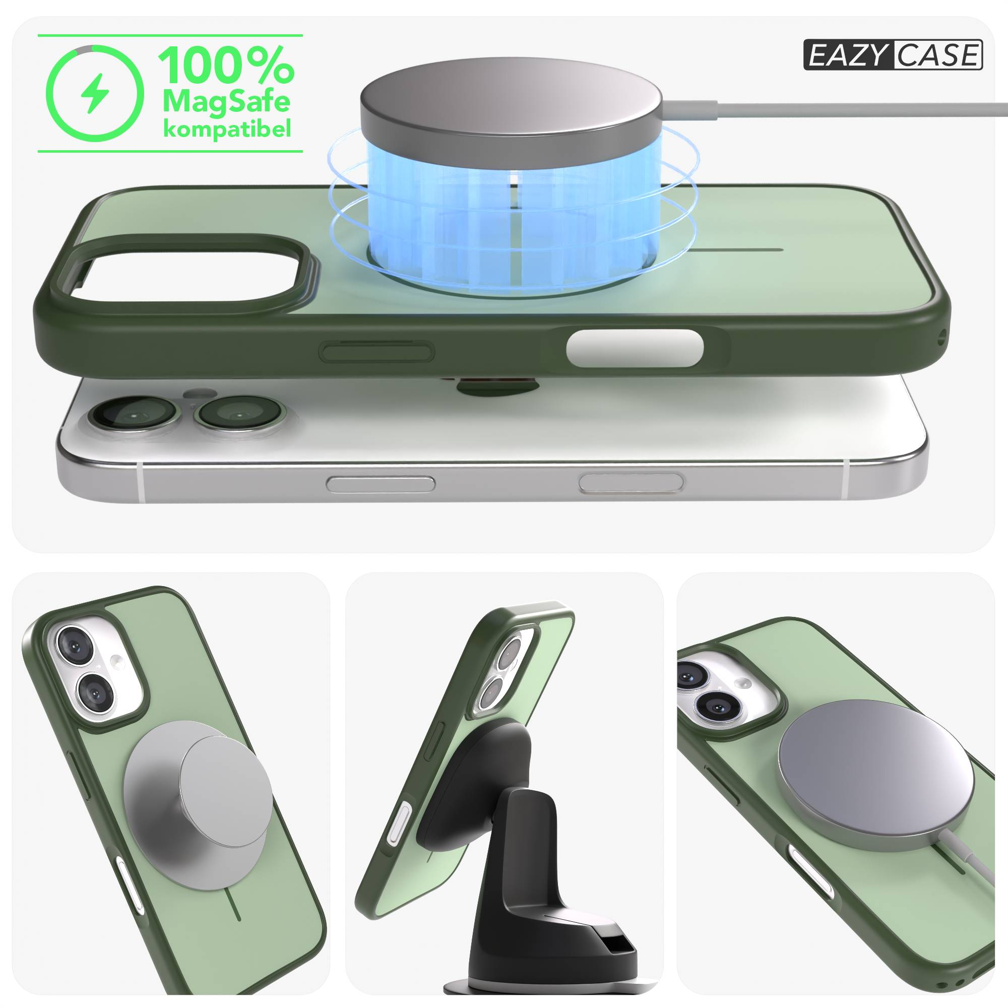 Grüne MagSafe Hülle lädt ein iPhone mit blauem Energiestrahl.