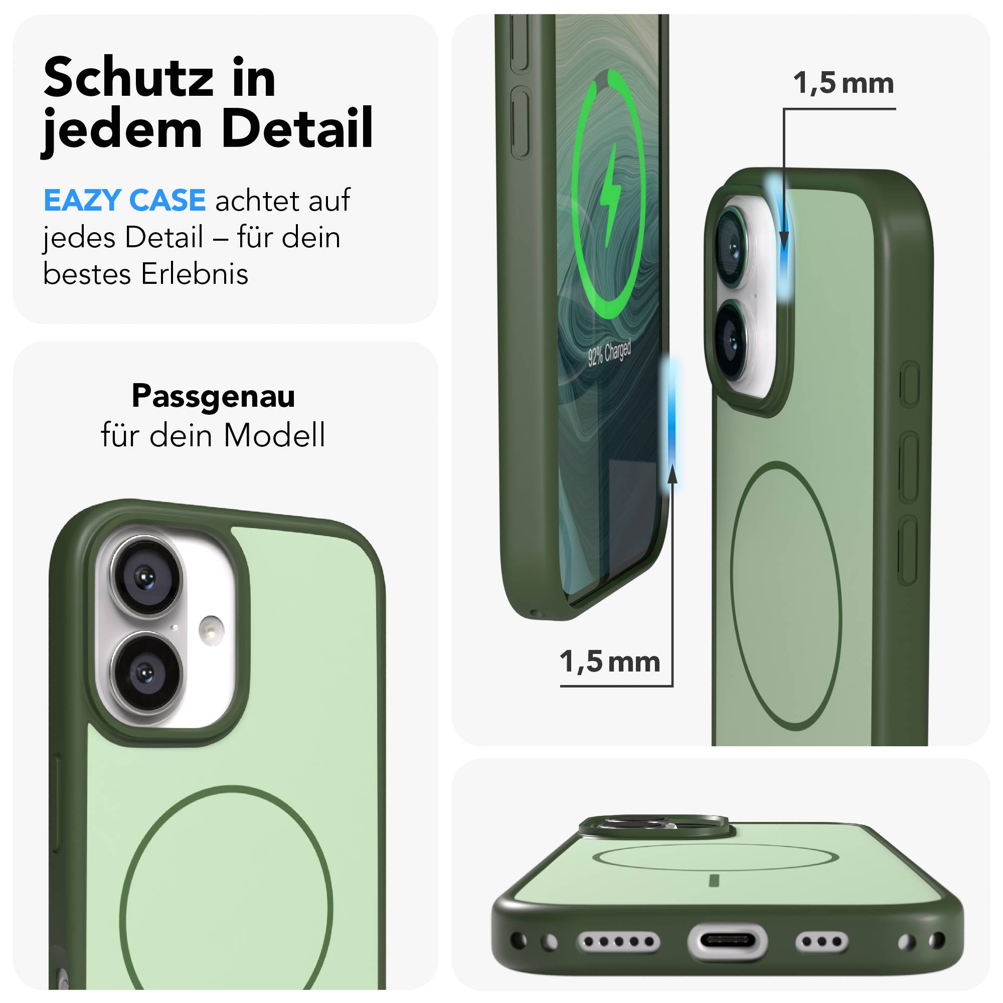 Grüne Handyhülle zeigt 1,5 mm Kantenhöhe und Ladefunktion.