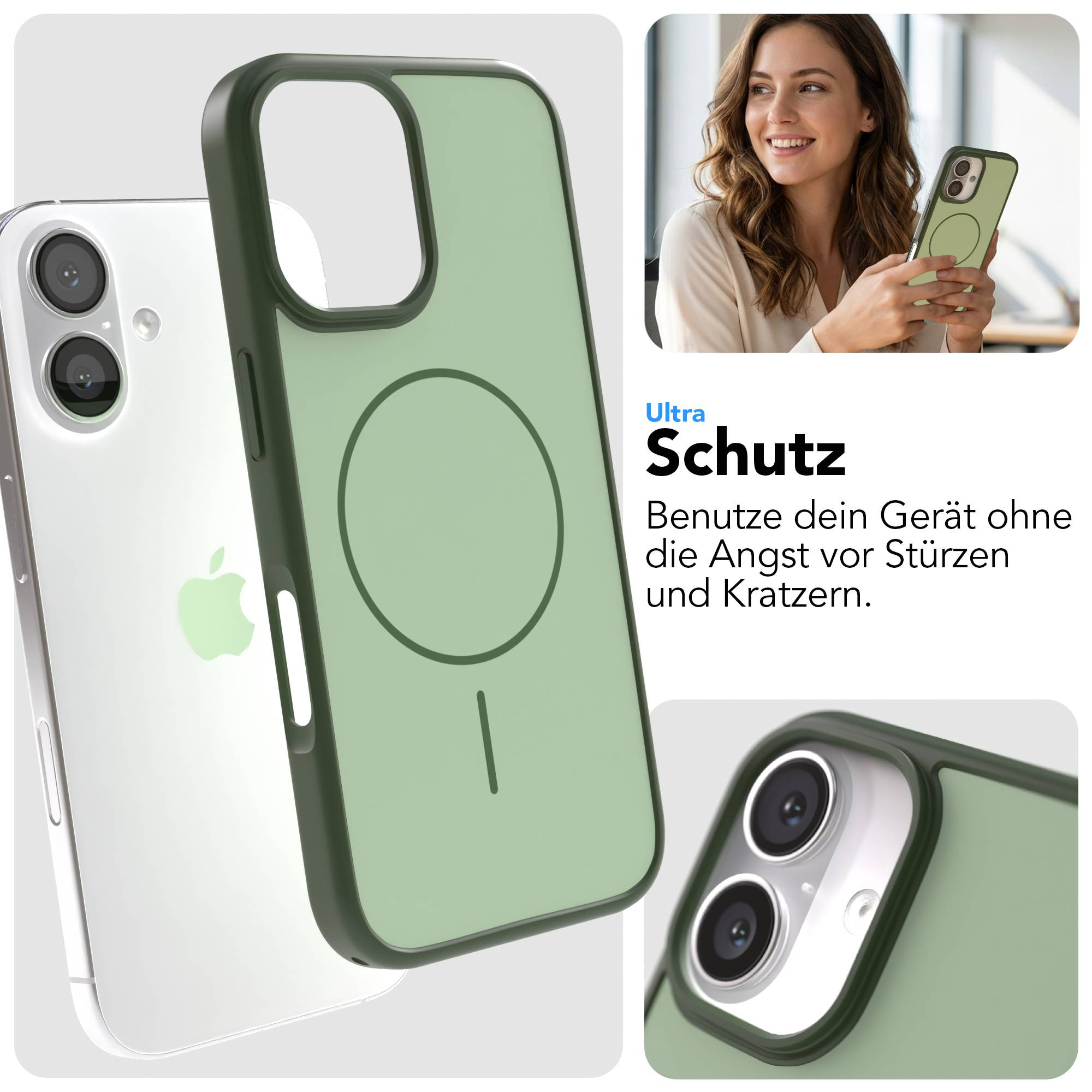 Grüne Hülle für iPhone mit Fokus auf Kameras und Logo.