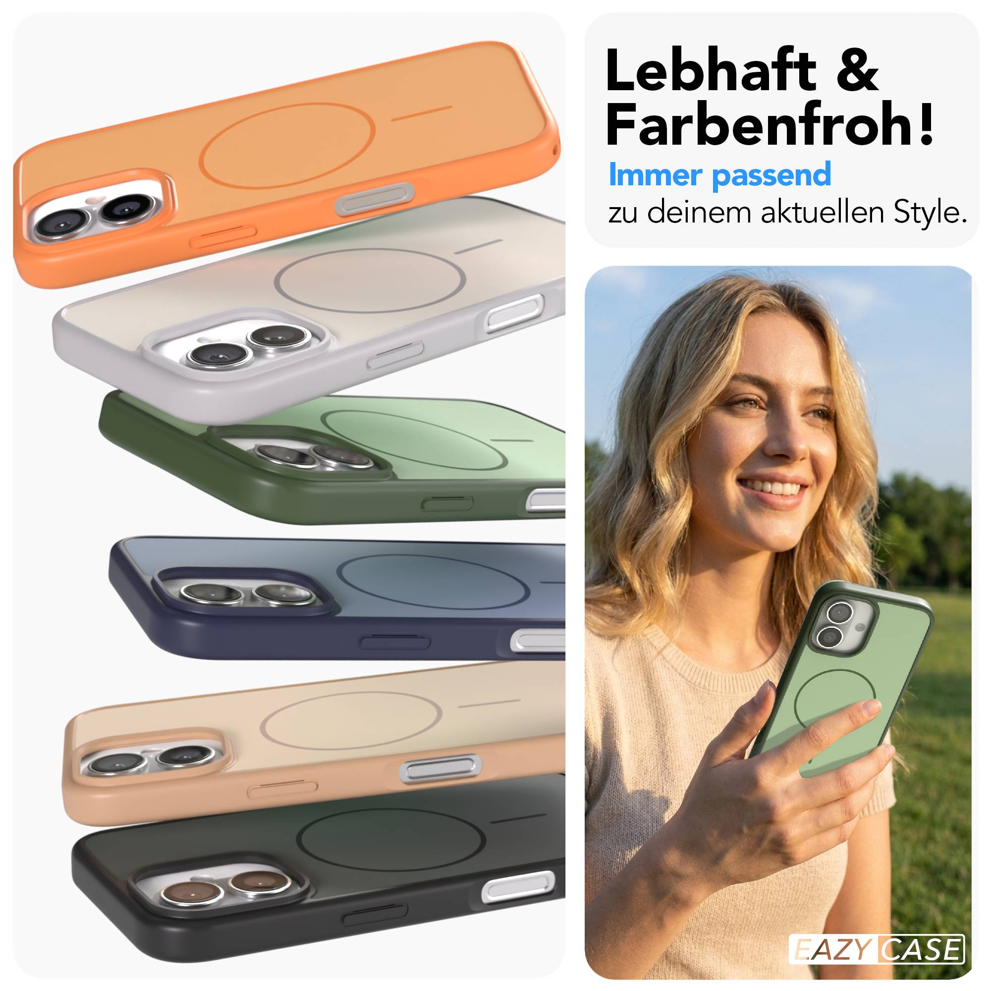 Bunte Handyhüllen in verschiedenen Farben, eine Frau hält eine grüne Hülle.