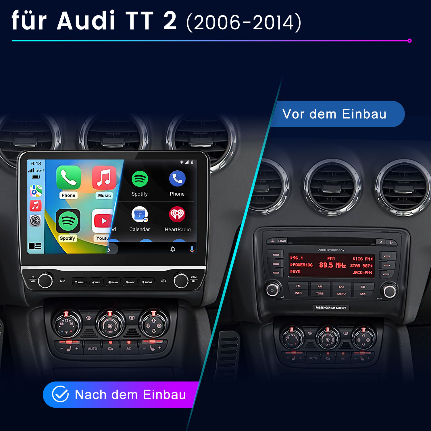 Vorher/nachher Vergleich eines Audi TT 2 (2006-2014) Infotainmentsystems.