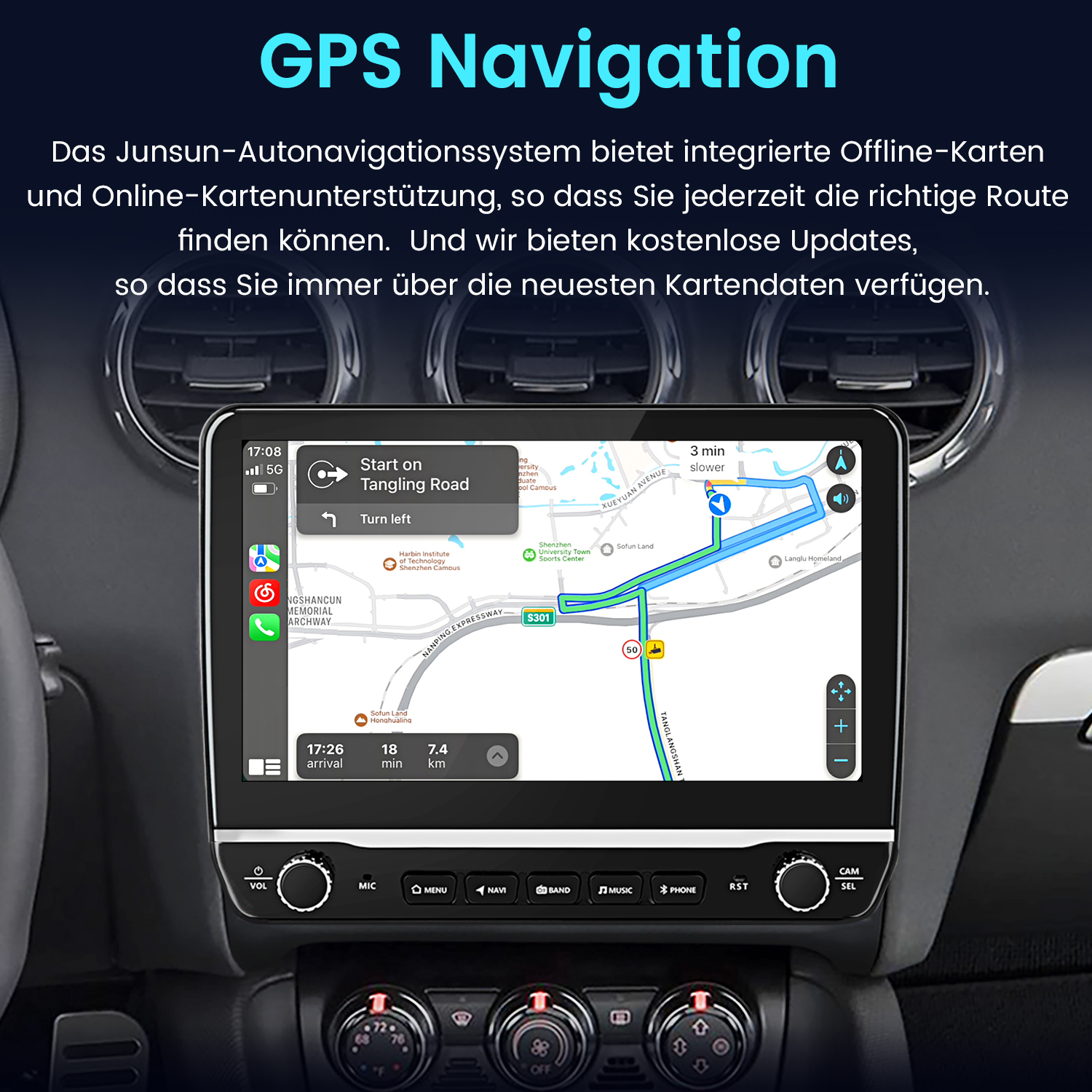 GPS-Navigationssystem in einem Auto zeigt eine Karte mit einer Route und Fahranweisungen.