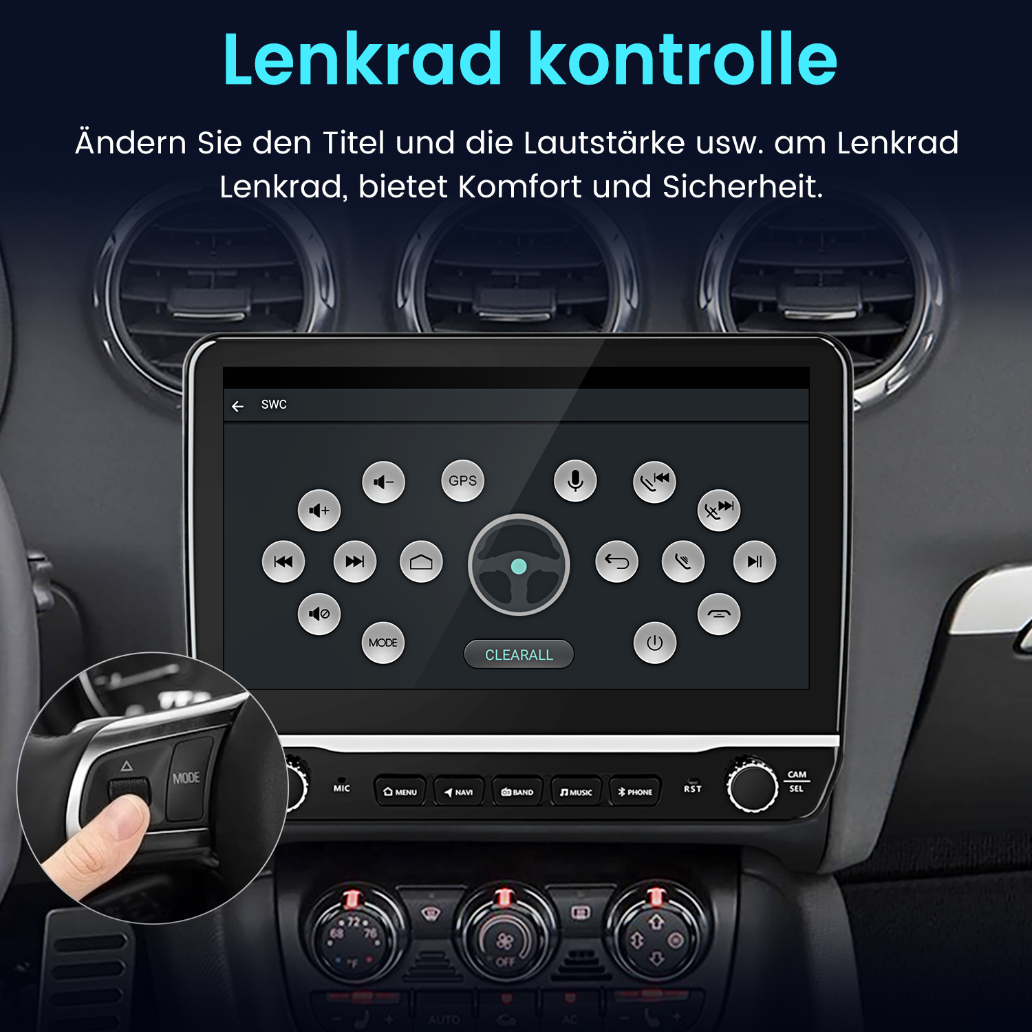Ein Auto-Infotainmentsystem mit Lenkradsteuerung und Touchscreen-Anzeige.