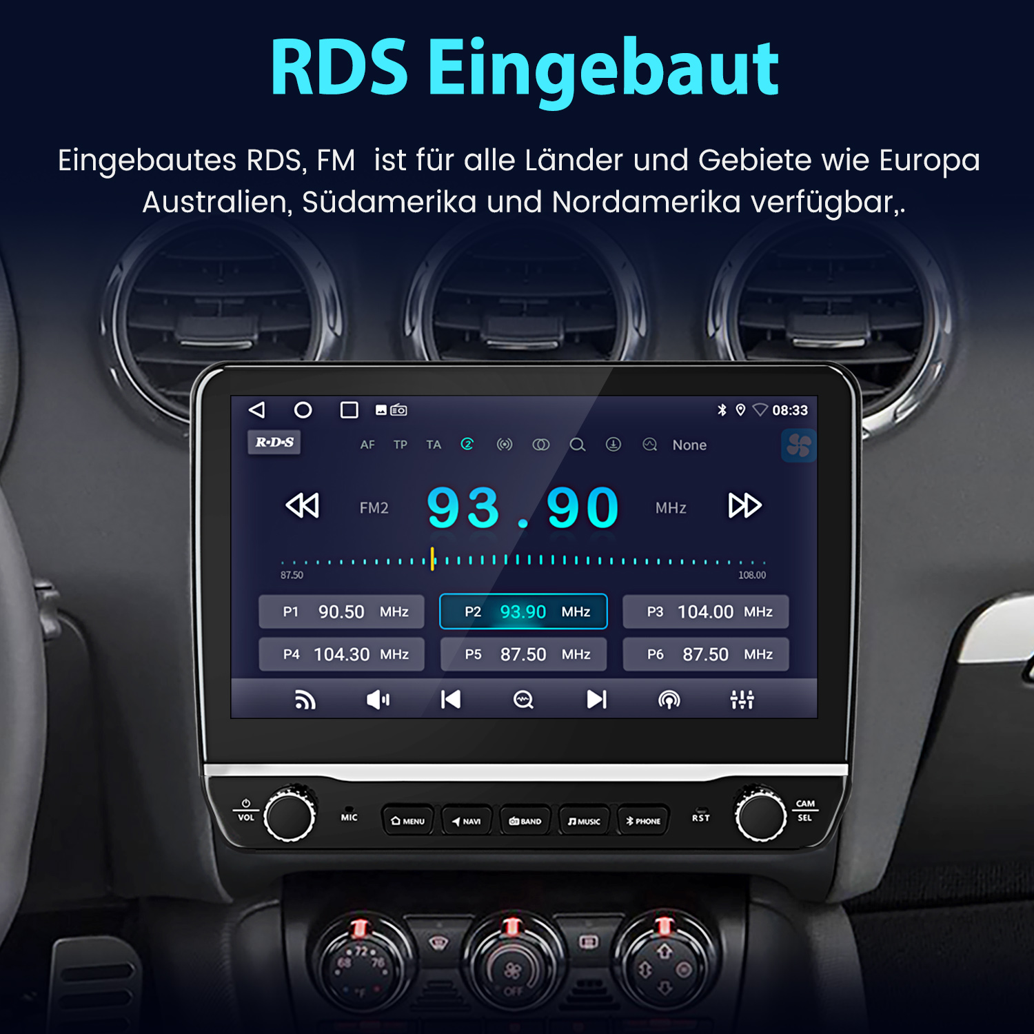 Einbau-RDS-FM-Radio in einem Auto mit Touchscreen-Display und Bedienelementen.