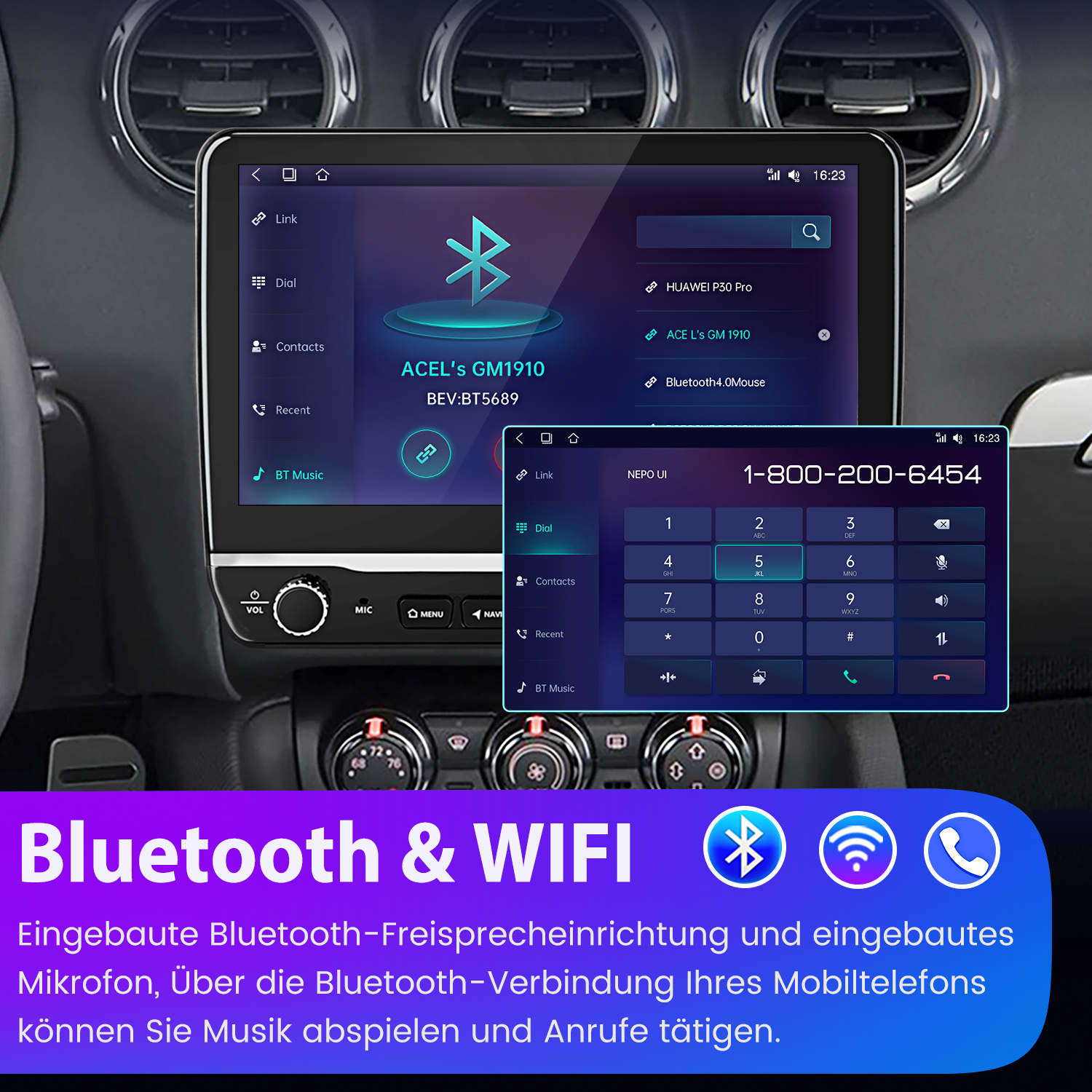 Ein Autoradio-Bildschirm zeigt eine Telefon-App und Bluetooth-Verbindungsoptionen.