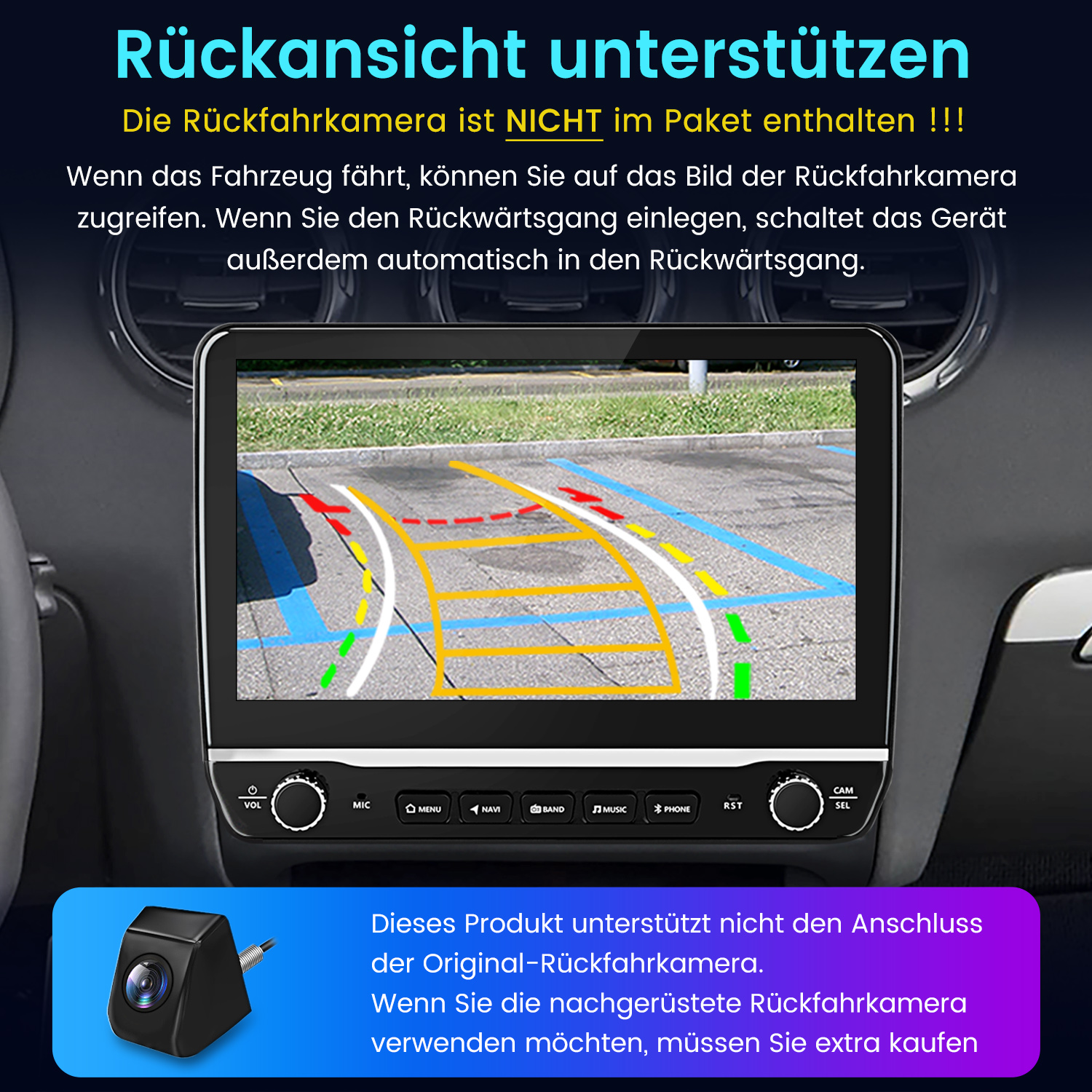 Autobildschirm zeigt Rückfahrkamera-Ansicht mit Parklinien und kleiner Kamera.