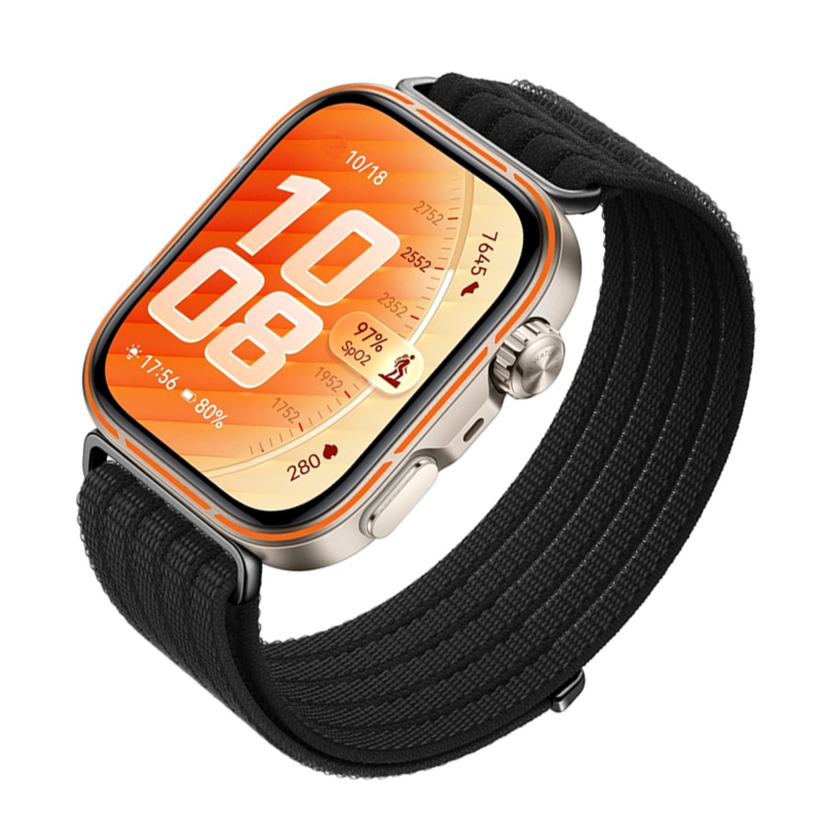 Eine Smartwatch mit schwarzem Armband zeigt 10:08 Uhr, Datum 10/18, 80% Akku und 97% SpO2.