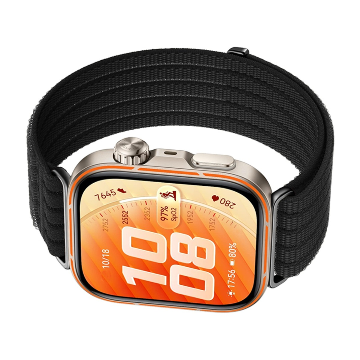 Silberne Smartwatch mit schwarzem Stoffarmband und orangem Zifferblatt.