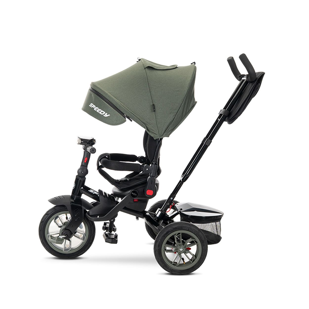 Ein schwarzer Kinderdreirad mit grünem Verdeck und Griffen.