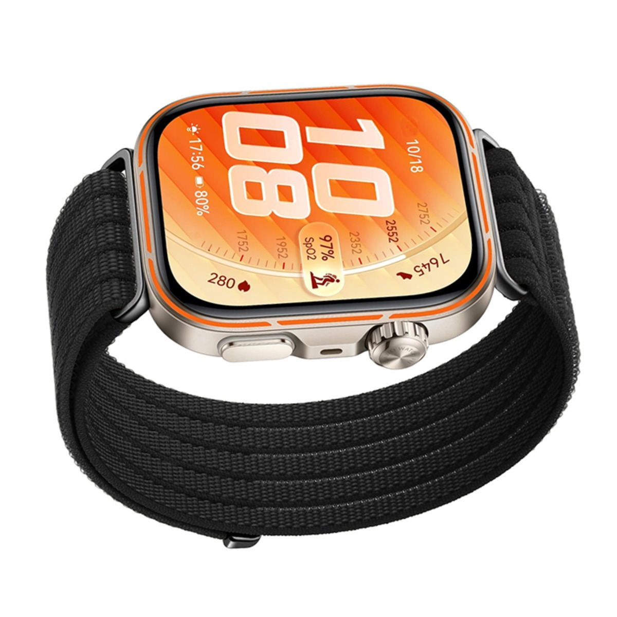 Eine Smartwatch mit schwarzem Armband und orangem Zifferblatt zeigt 10:08 Uhr und Gesundheitsdaten.