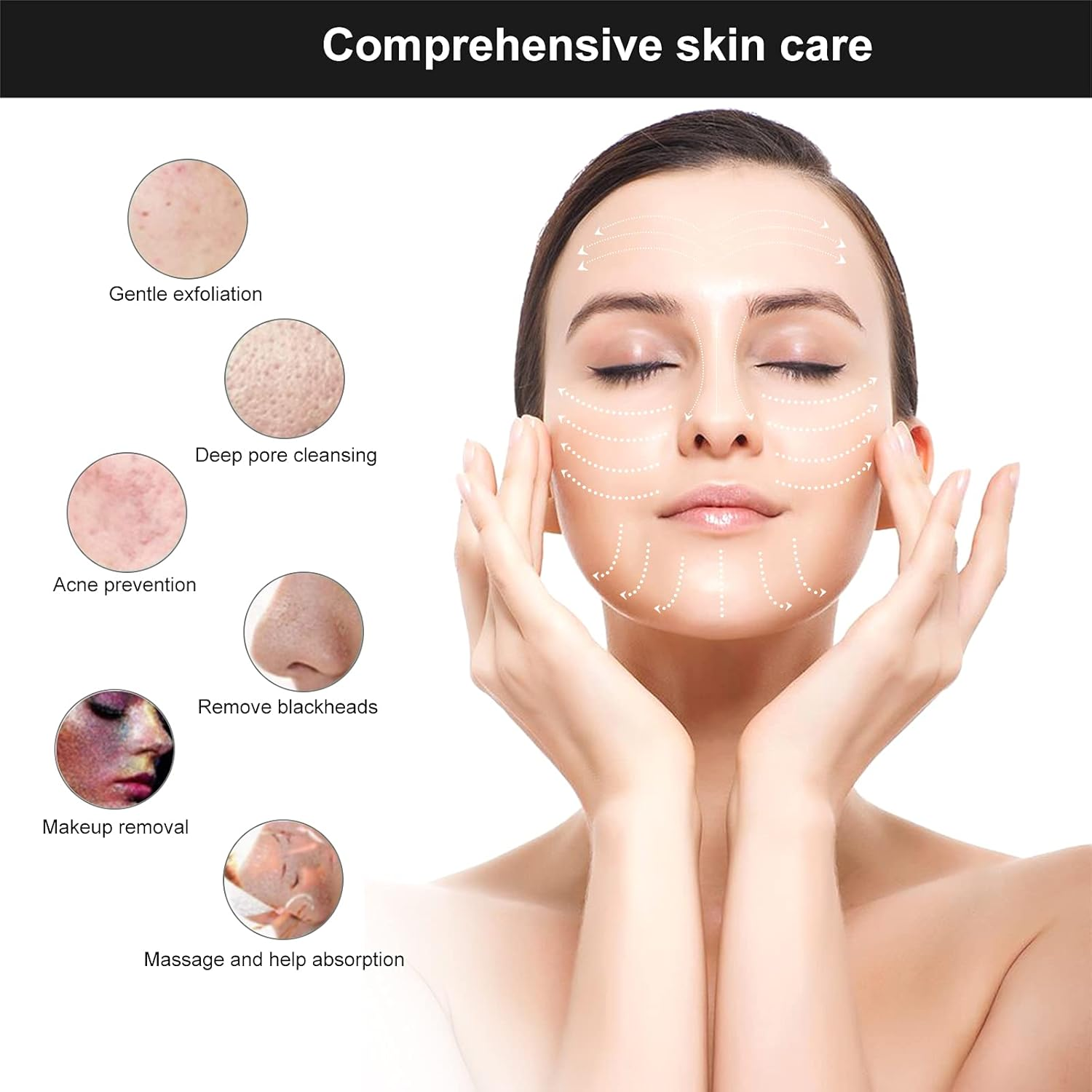 Frau mit Hautpflege-Illustrationen: sanfte Exfoliation, Porenreinigung, Akne-Prävention, Mitesserentfernung.