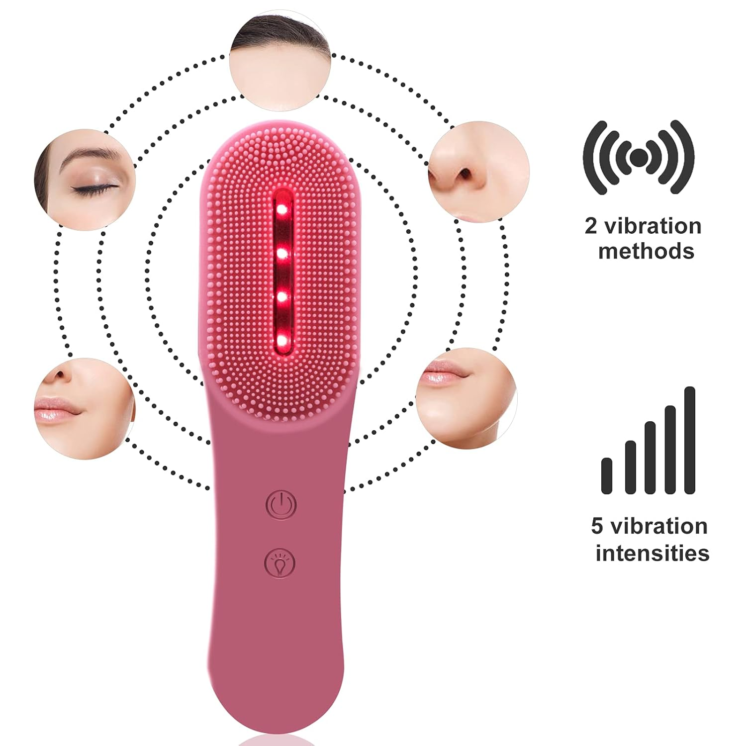 Ein rosafarbener Gesichtsreiniger mit Silikonborsten und LED-Lichtern. Zeigt Hautpartien und Vibrationsoptionen an.