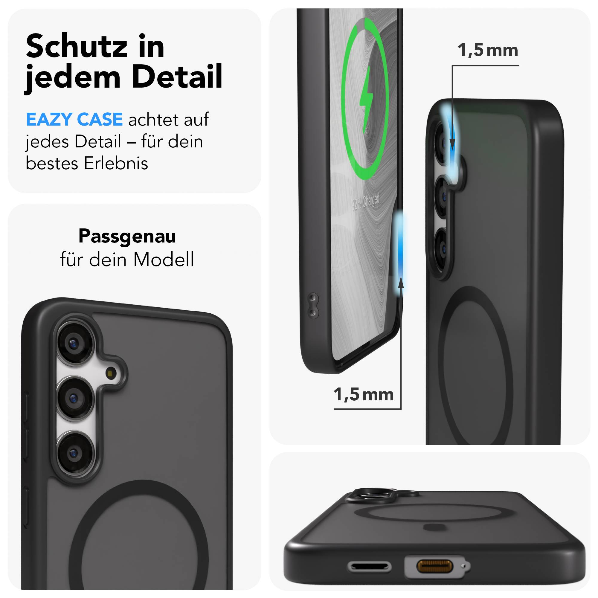 Schwarze Handyhülle zeigt Kamera Ausschnitt und Ladeanzeige. 1,5mm Dicke.