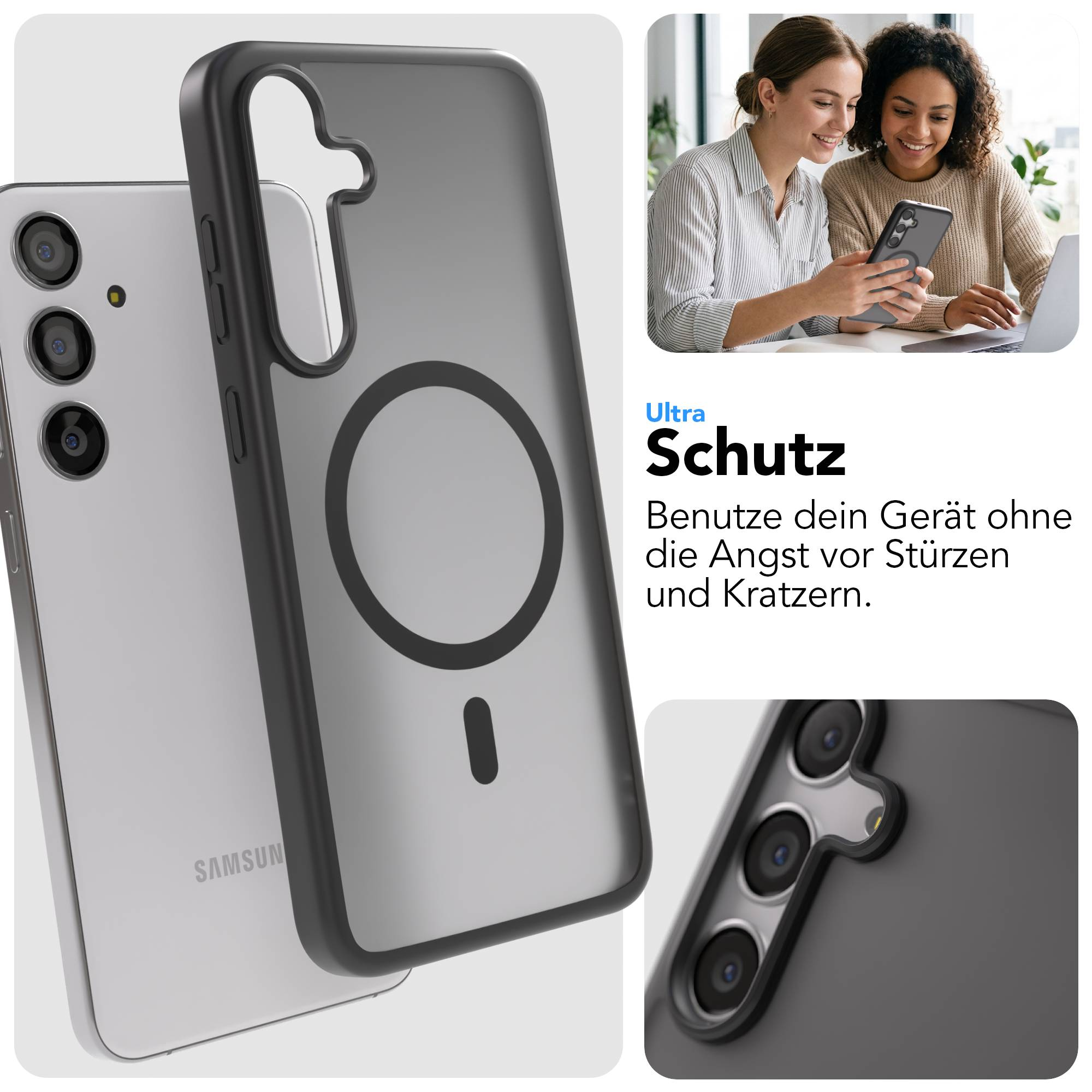 Schwarze Handyhülle mit Magnetring auf transparentem Handy.