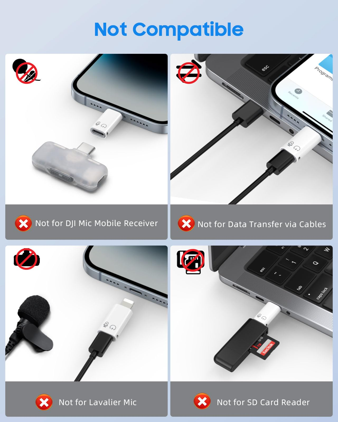 Vier Bilder zeigen, was nicht mit einem Adapter kompatibel ist.