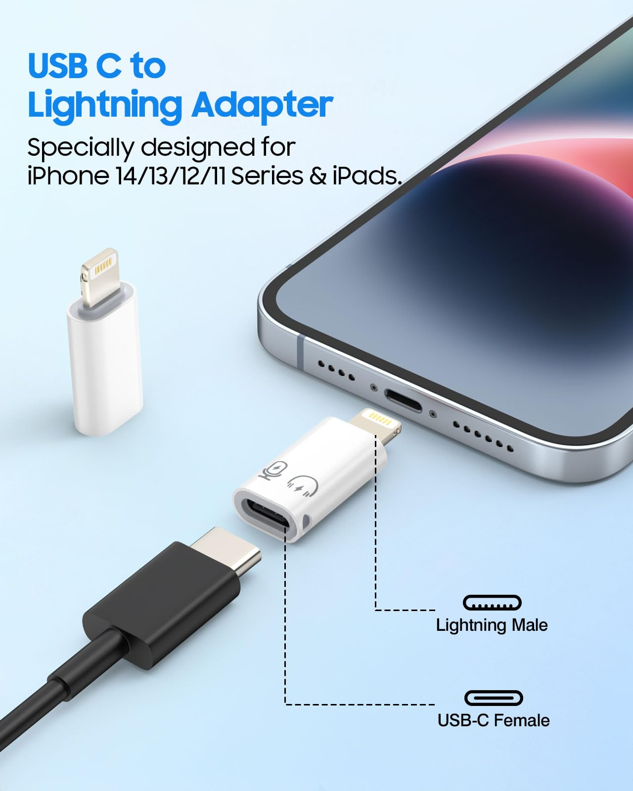 Ein USB-C-zu-Lightning-Adapter neben einem iPhone und einem Ladekabel.