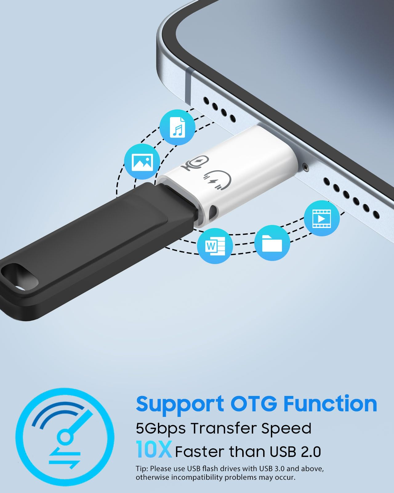 Ein USB-Stick wird in ein Smartphone gesteckt, das OTG unterstützt.