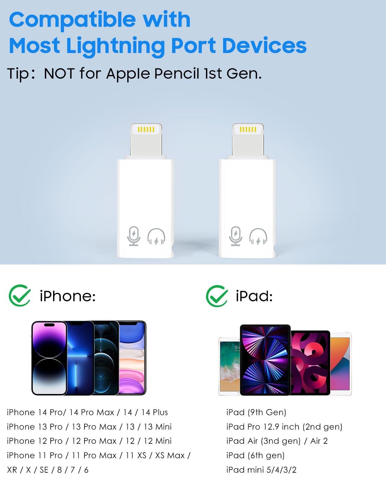 Zwei weiße Lightning-Adapter. iPhone- und iPad-Modelle aufgeführt.