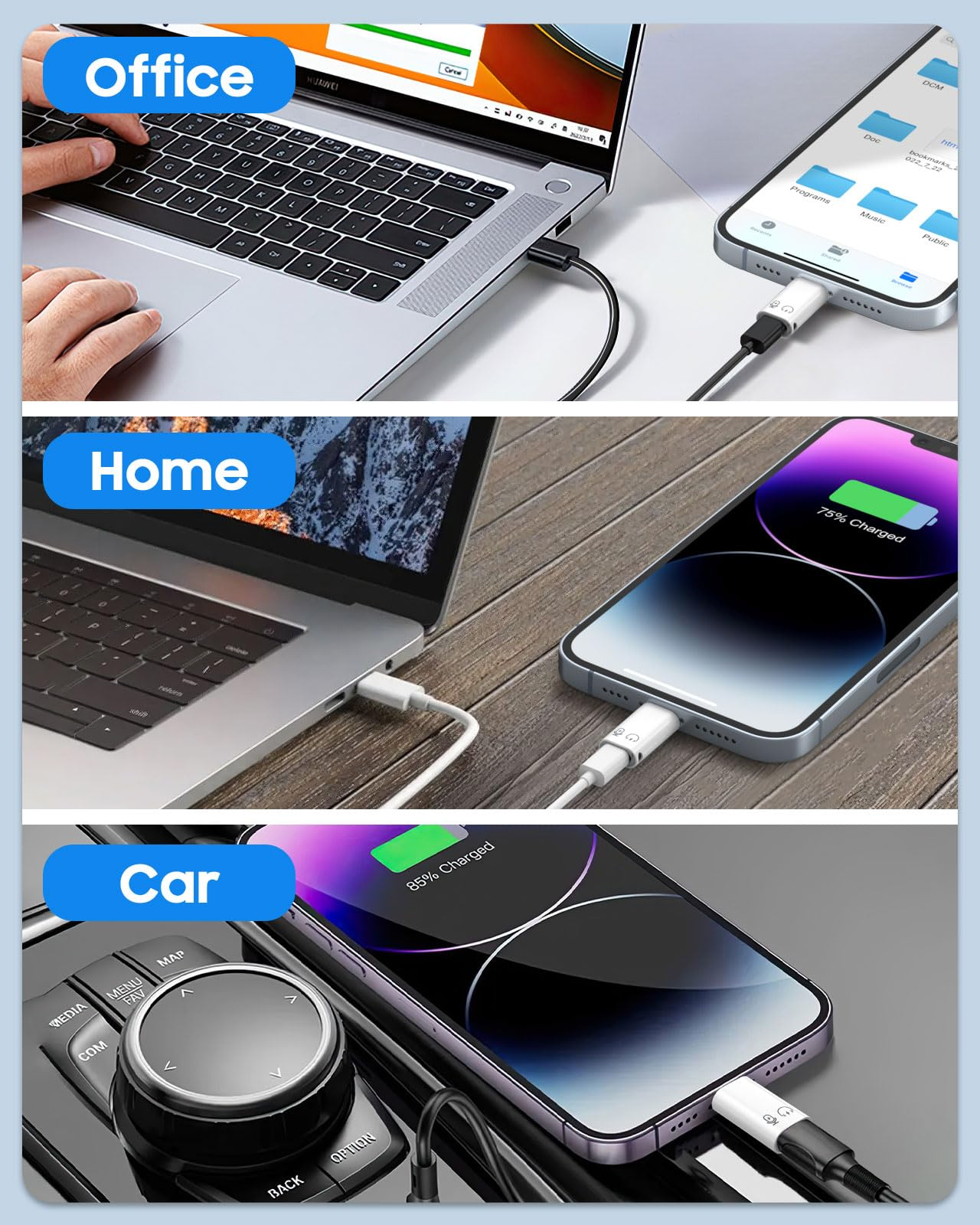 Ein Laptop wird im Büro, zu Hause und im Auto aufgeladen.