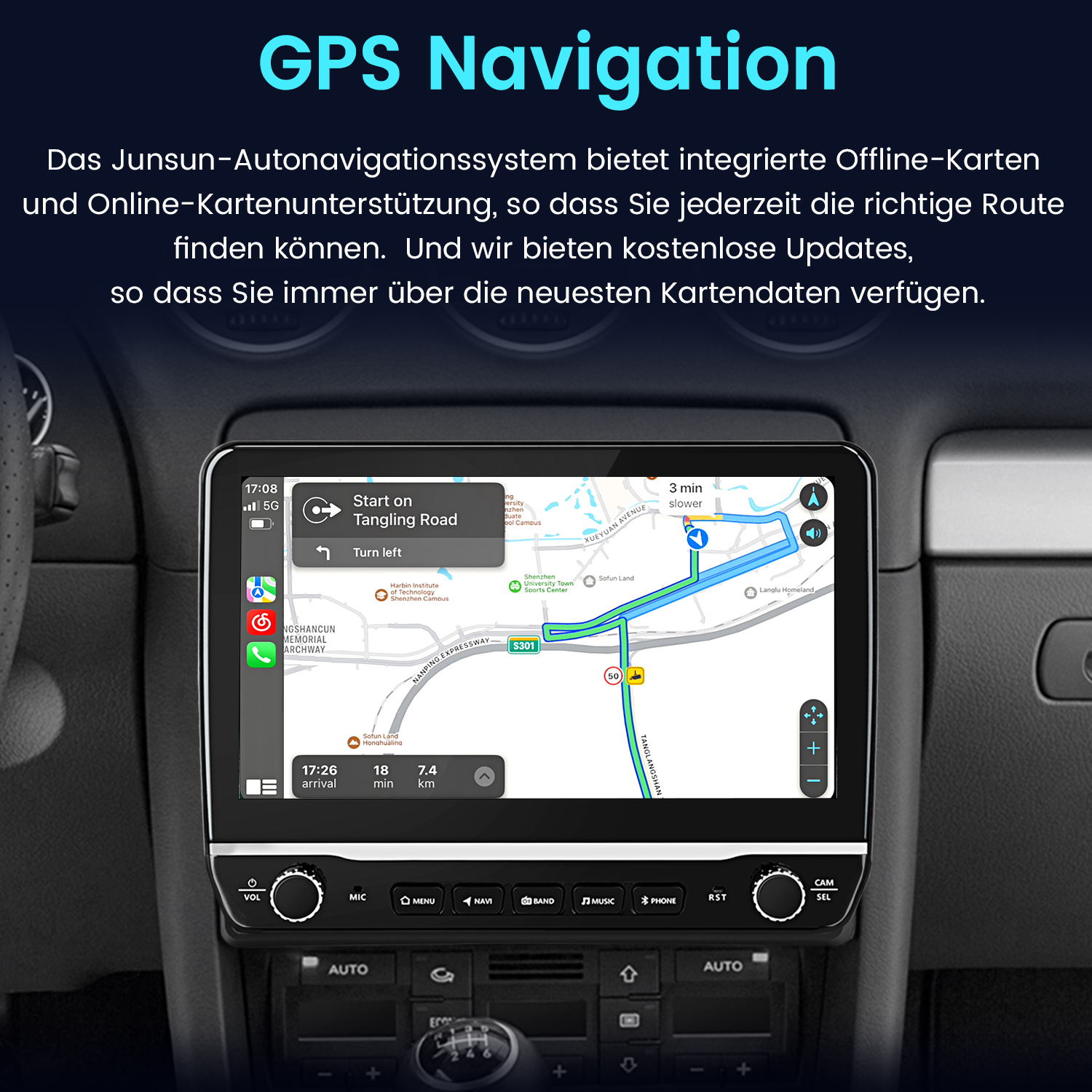 Armaturenbrett mit GPS-Navigationsbildschirm und Text in Deutsch.